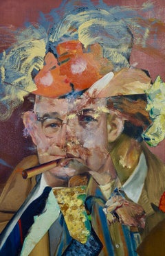 "The Judge and his Laws", Surrealist, Portrait, Reds, Collage, Acrylic Painting