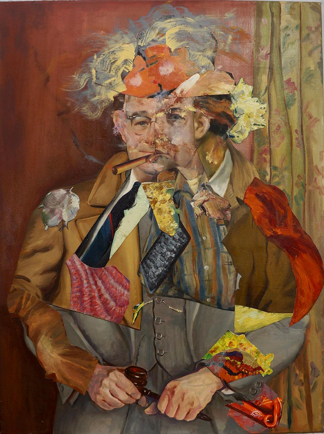 Portrait Painting de John Baker - "El juez y sus leyes", Surrealista, Rojos, Collage, Pintura acrílica, 2017