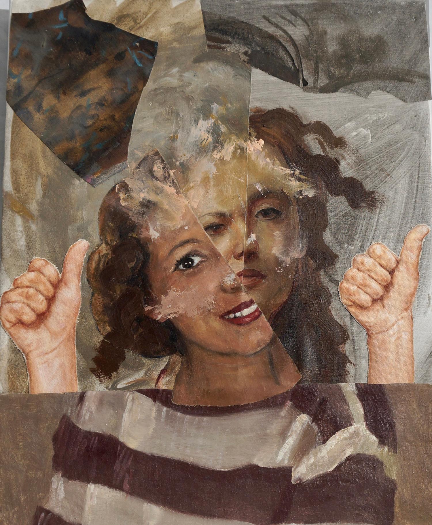 Portrait Painting John Baker - "Thumbs Up", contemporain, portrait, brun, gris, collage, peinture acrylique.