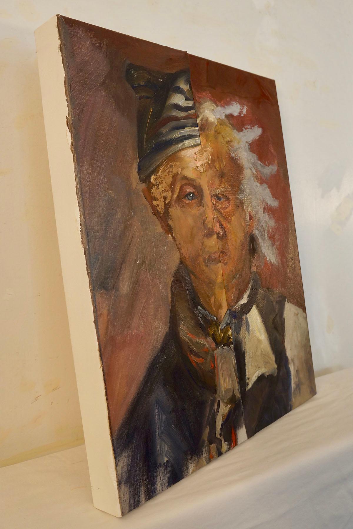 John Baker’s “Time Passes #2” is an acrylic painting on canvas with collage 20 x 16 inches in greys and blacks with red and flesh. From the “Life is Short” series, the painting is a time lapse image of the figure’s own ageing process replete with