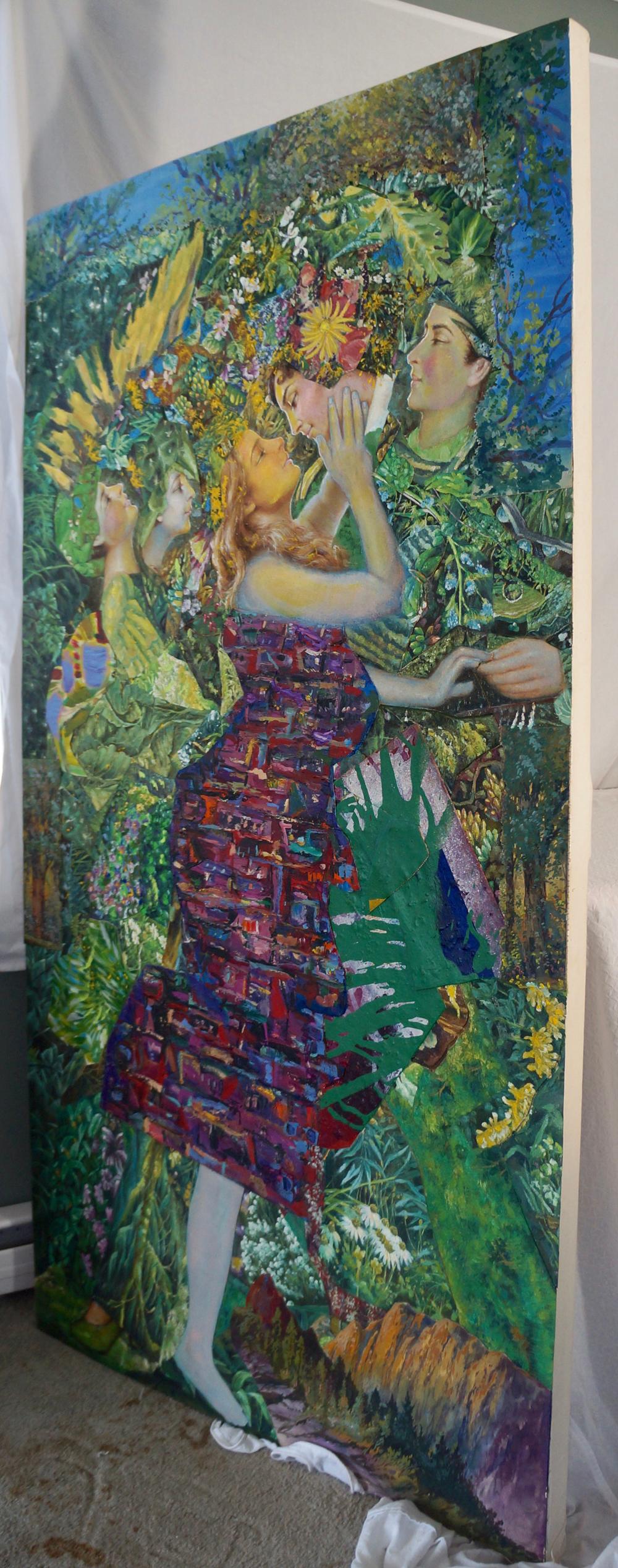 John Baker’s “Tiptoe Kiss” is a 64 x 35 x 1.5 inch acrylic painting with collage on canvas in intense reds, greens and yellows of a young couple about to kiss in a forest. The central woman’s face is a solar radiance that casts its sunlight on the