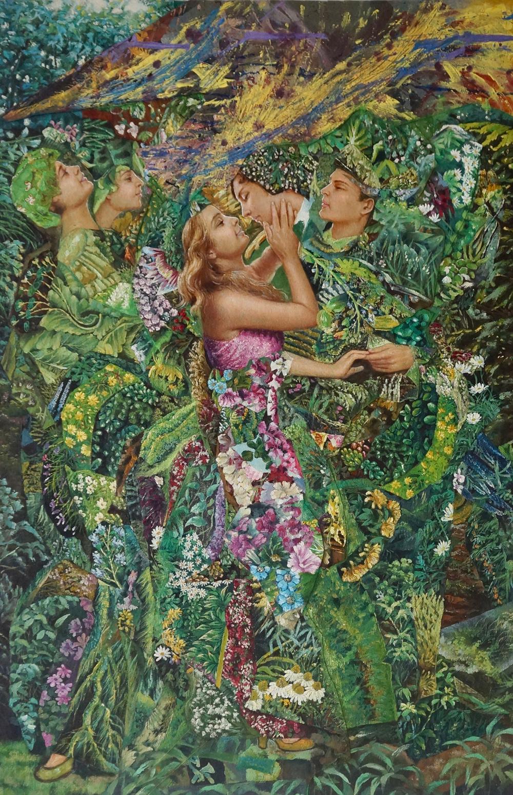 "Tip Toe Kiss II", acrylic, mixed media, collage, painting, forest, greens - Painting by John Baker
