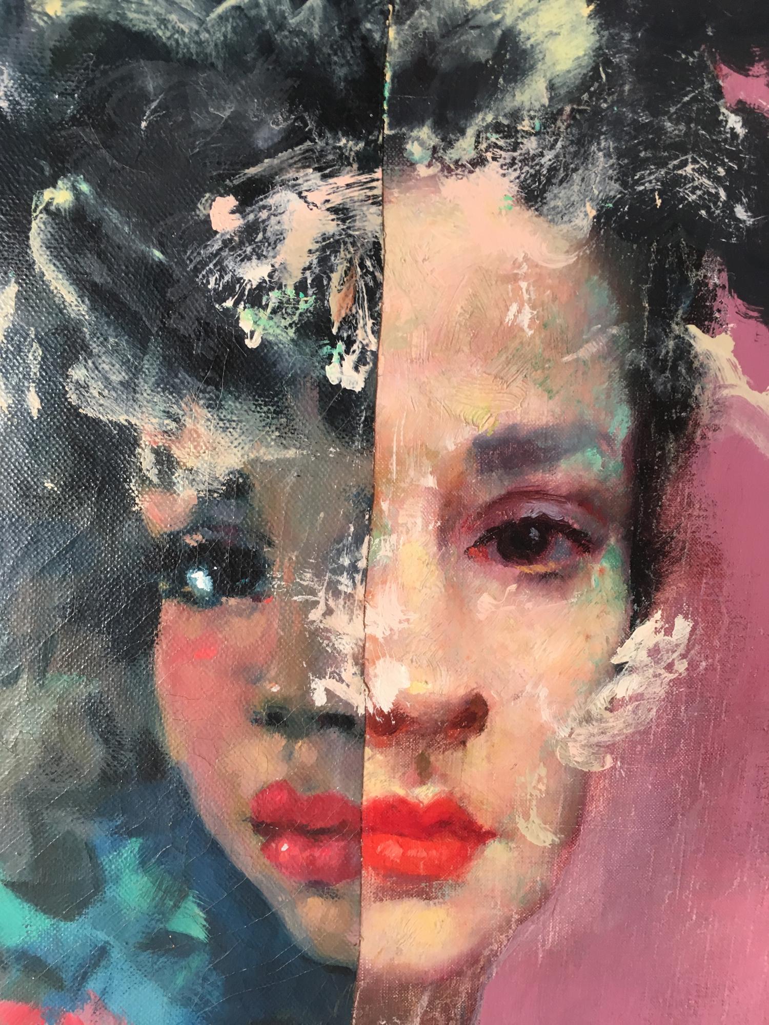 John Baker’s “Urban Melancholy: An Imaginary Portrait” is an acrylic painting on canvas with collage 20 x 16 x 1.5 inches that compounds the reflective sadness of two sisters, one a teenager the other in her twenties. Although the mid-range blues