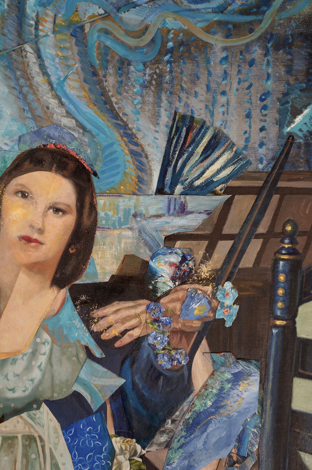 John Baker’s “ Imaginary Portrait of Wanda Landowska”, a 72 x 32 inch acrylic painting on canvas with collage in rich azure and ultramarine blues with gold and reddish brown highlights, describes the inner life and accomplishments of Wanda Landowska