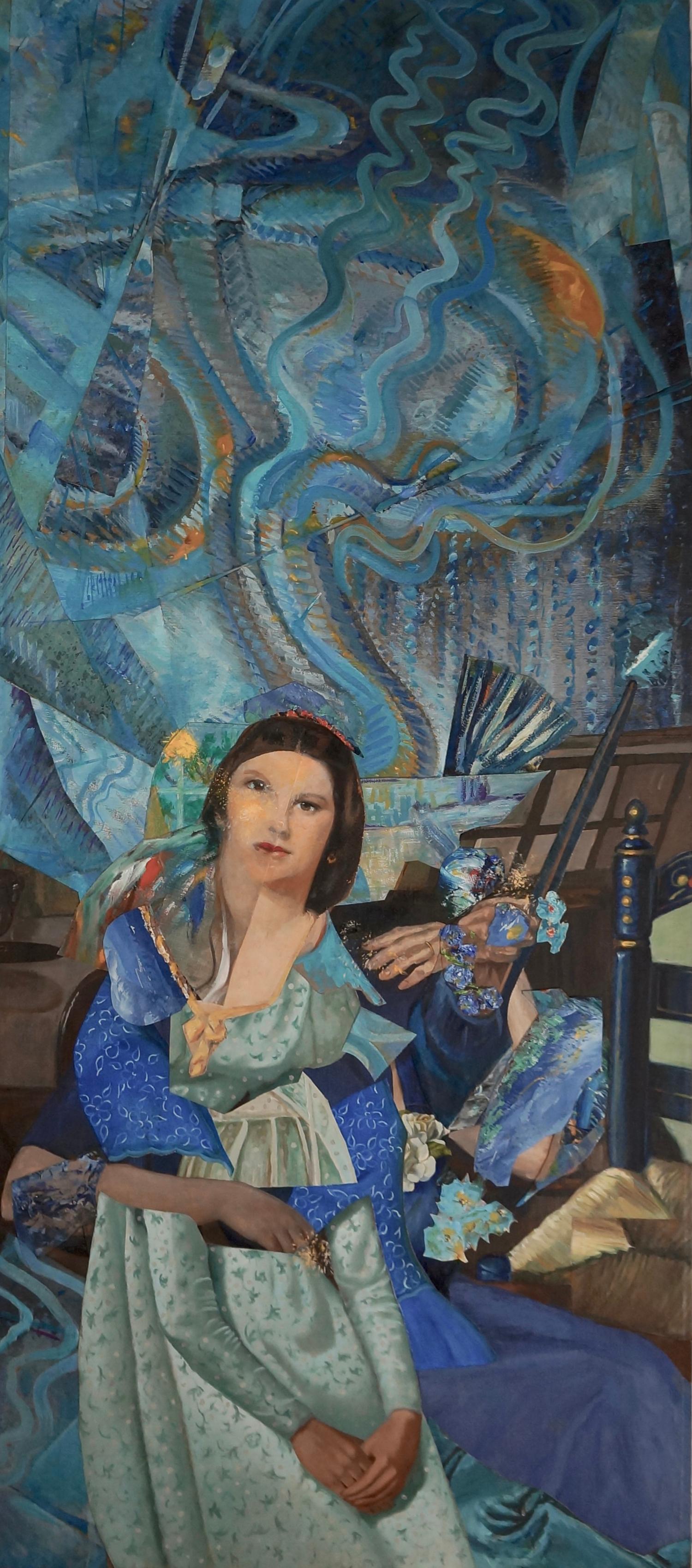 "Imaginary Portrait of Wanda Landowska", acrylic, collage, blues, mixed media