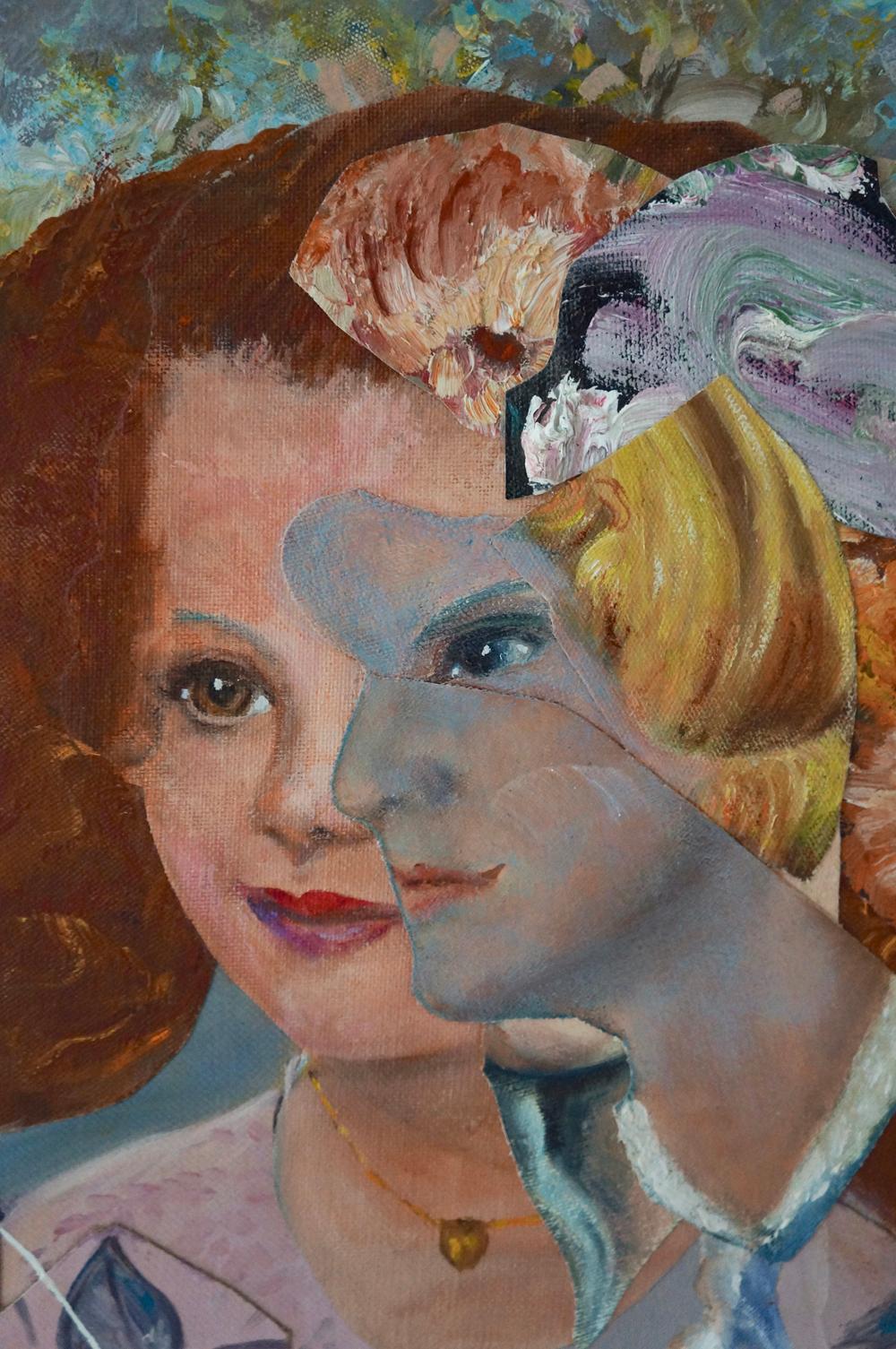 John Baker’s “Young Debutante with a Mask of her Mother”, an acrylic painting with collage on canvas 25 x 21.75 inches in dusty lavenders, blues and pinks, is from the artist’s Mask Series. The painting depicts a privileged ingénue at an informal