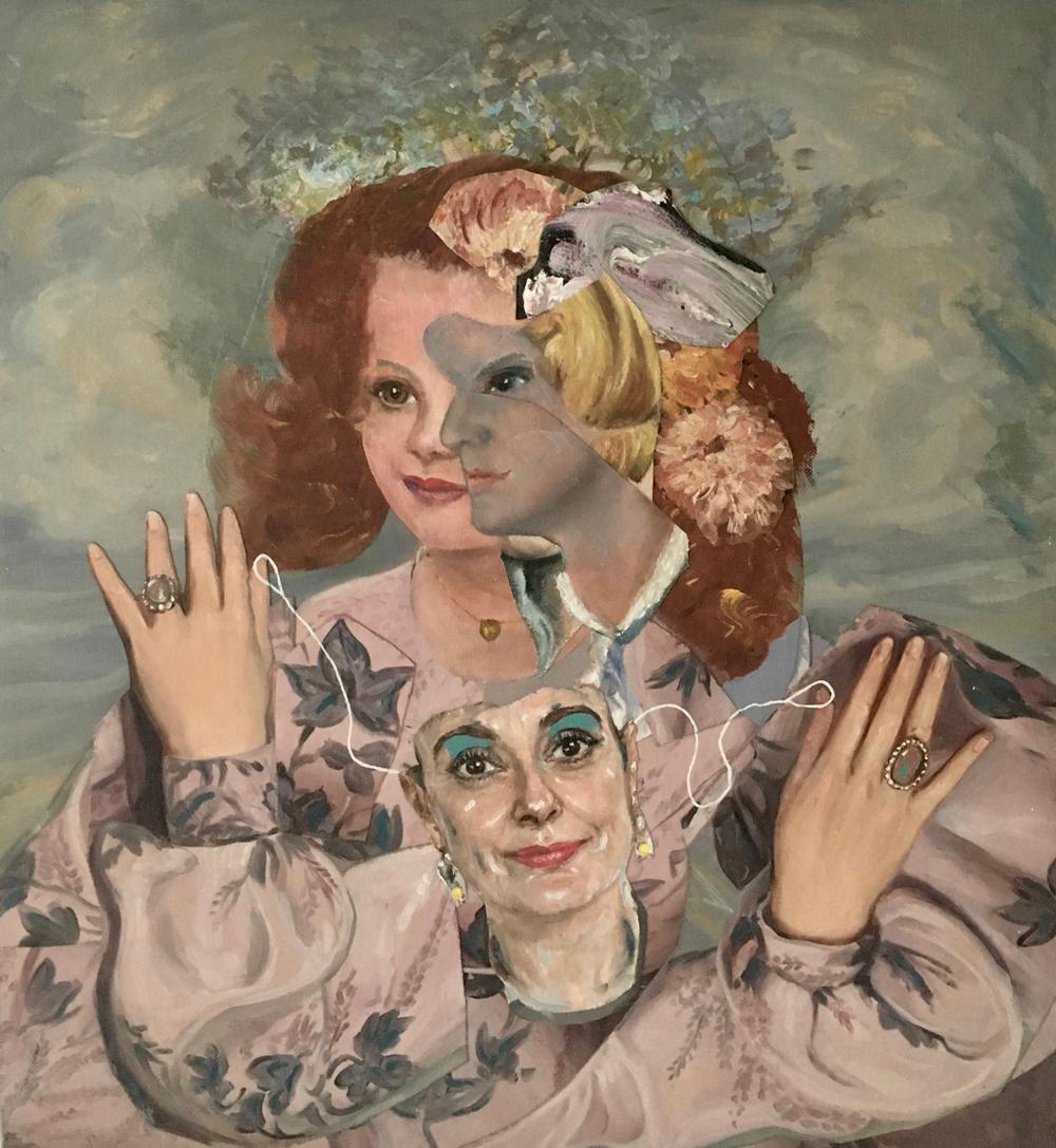 "Young Debutante with a Mask of her Mother", acrylic, mixed media, painting - Painting by John Baker