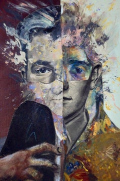 "Young Man with a Device", Contemporary, Mixed Media, Collage, Painting, 2018