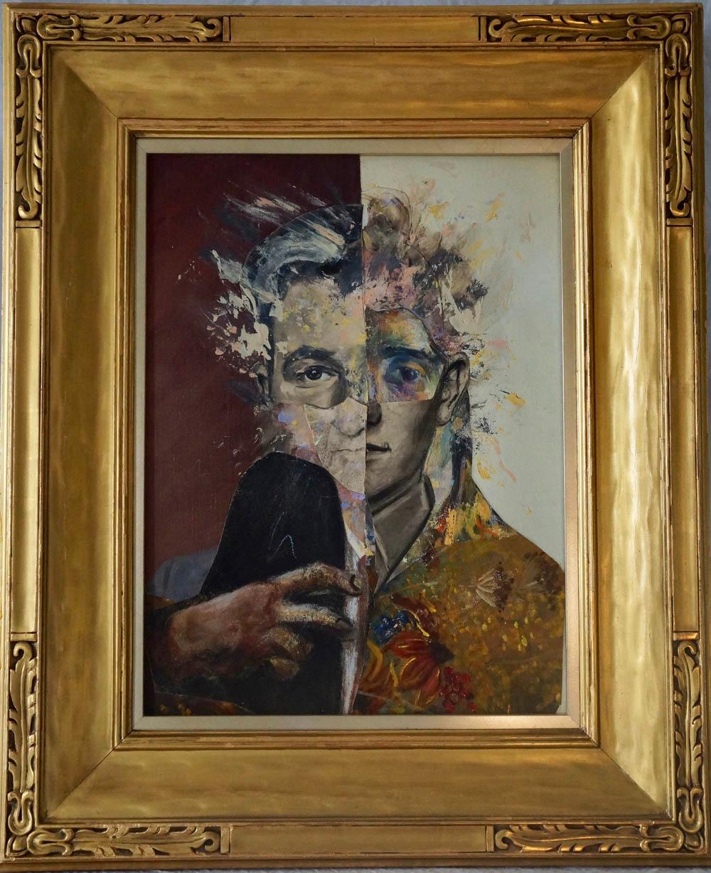 "Young Man with a Device", acrylic, mixed media, collage, painting, technology