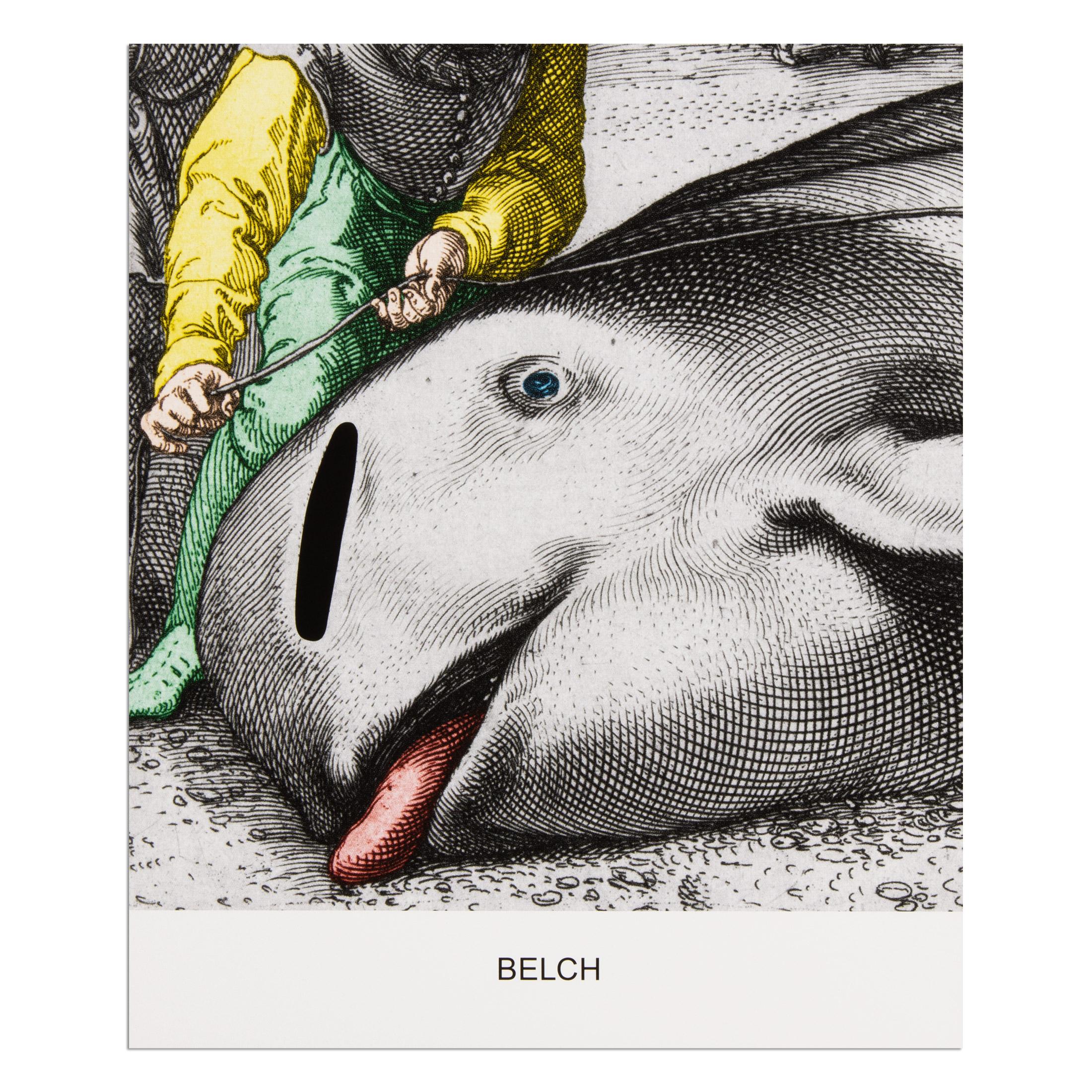 John Baldessari (americano, 1931-2020)
Belch (dalla serie Engraving with Sounds), 2015
Mezzo: Stampa a getto d'inchiostro su carta
Dimensioni: 36,8 x 30,5 cm
Edizione di 25 esemplari: Monogram e numerati su un'etichetta sul retro.
Condizioni: Molto