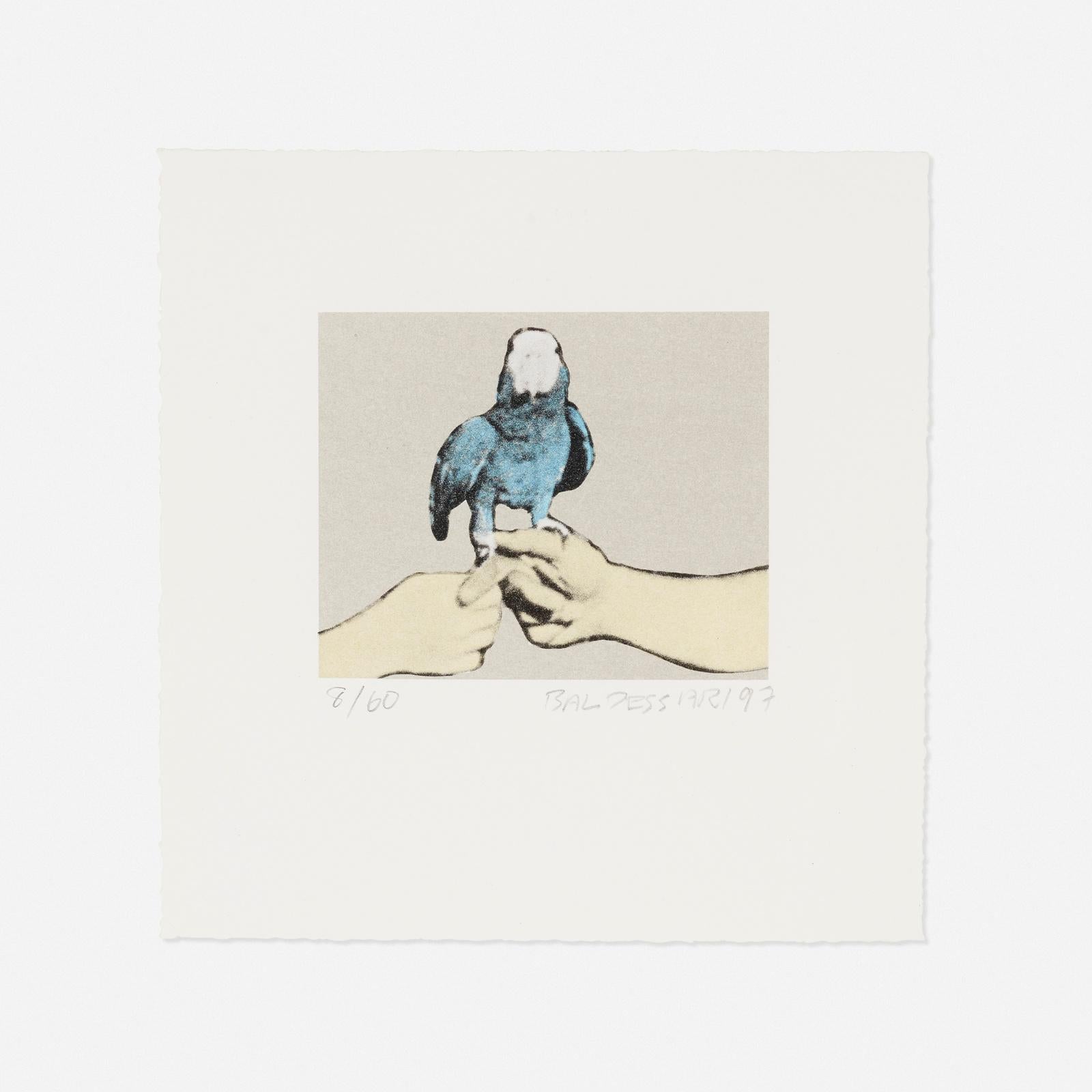John Baldessari (1931–2020)
Panel #2 , 1997
From series Two Horses with Riders (with Blue Parrot)
Lithograph in colors on Rives BFK paper
Signed, dated and numbered to lower edge ‘8/60 Baldessari 97’. 
Edition 8 of 60.
Sheet: 7½ h × 7¼ w in 
Image: