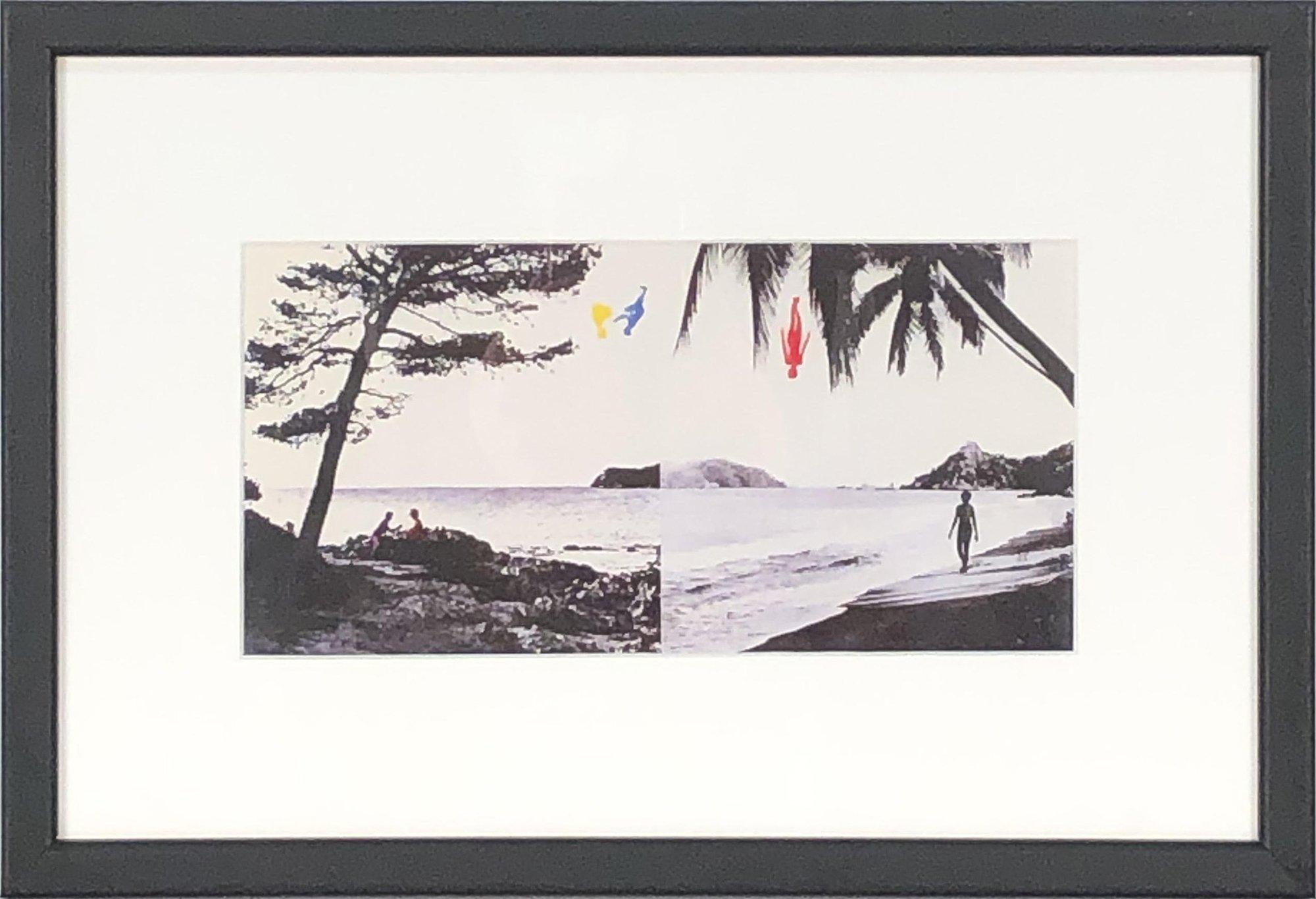 This is the official invitation to the 1990 exhibition Paradise by John Baldessari, held at the Brooke Alexander Gallery in New York City. This original gallery invitation, designed by Baldessari for Brooke Alexander Editions, captures the essence
