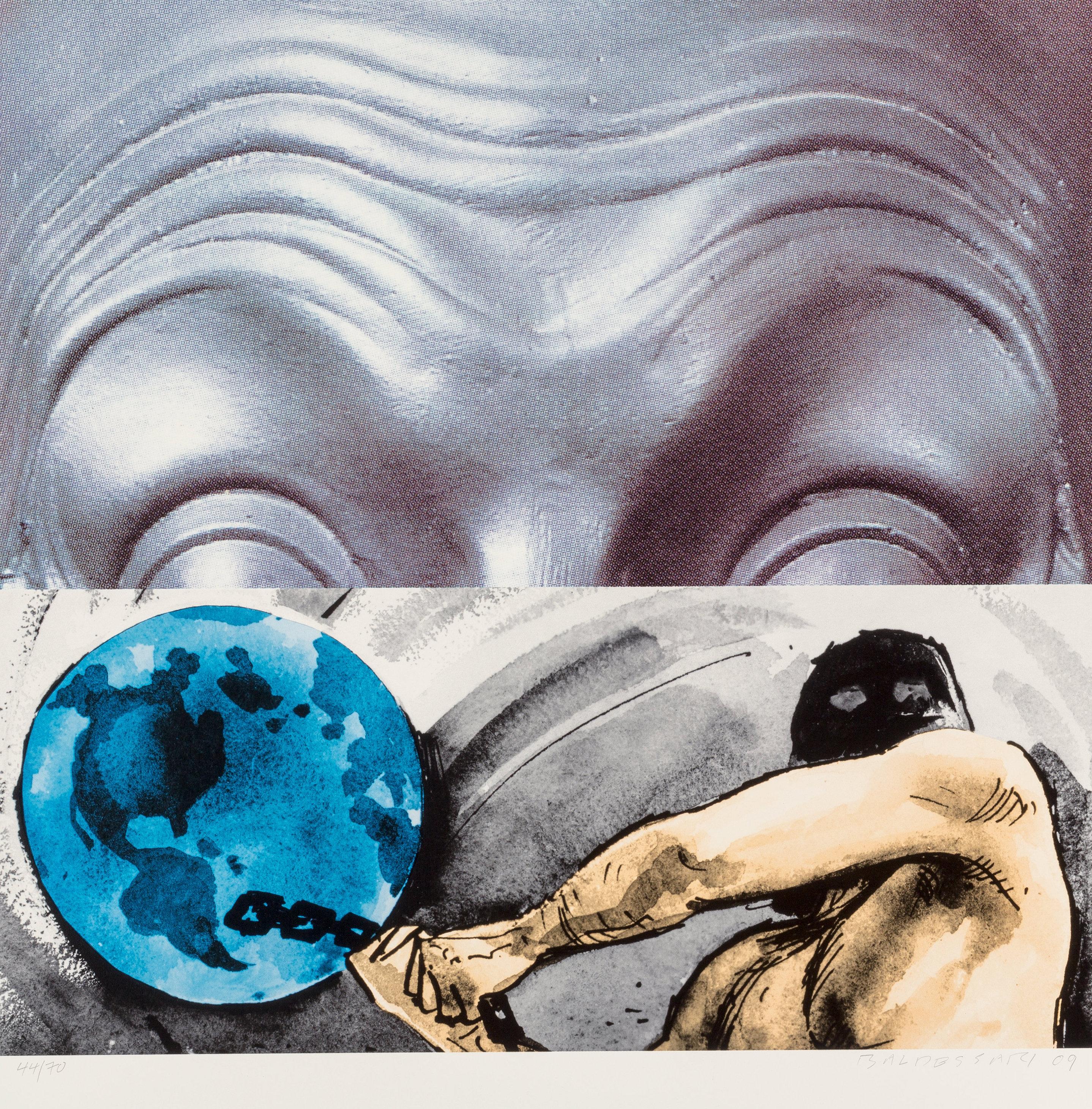 John Baldessari Figurative Print – Raised Eyebrows / Furrowed Foreheads / Figur mit Globus - Druck von Baldessari