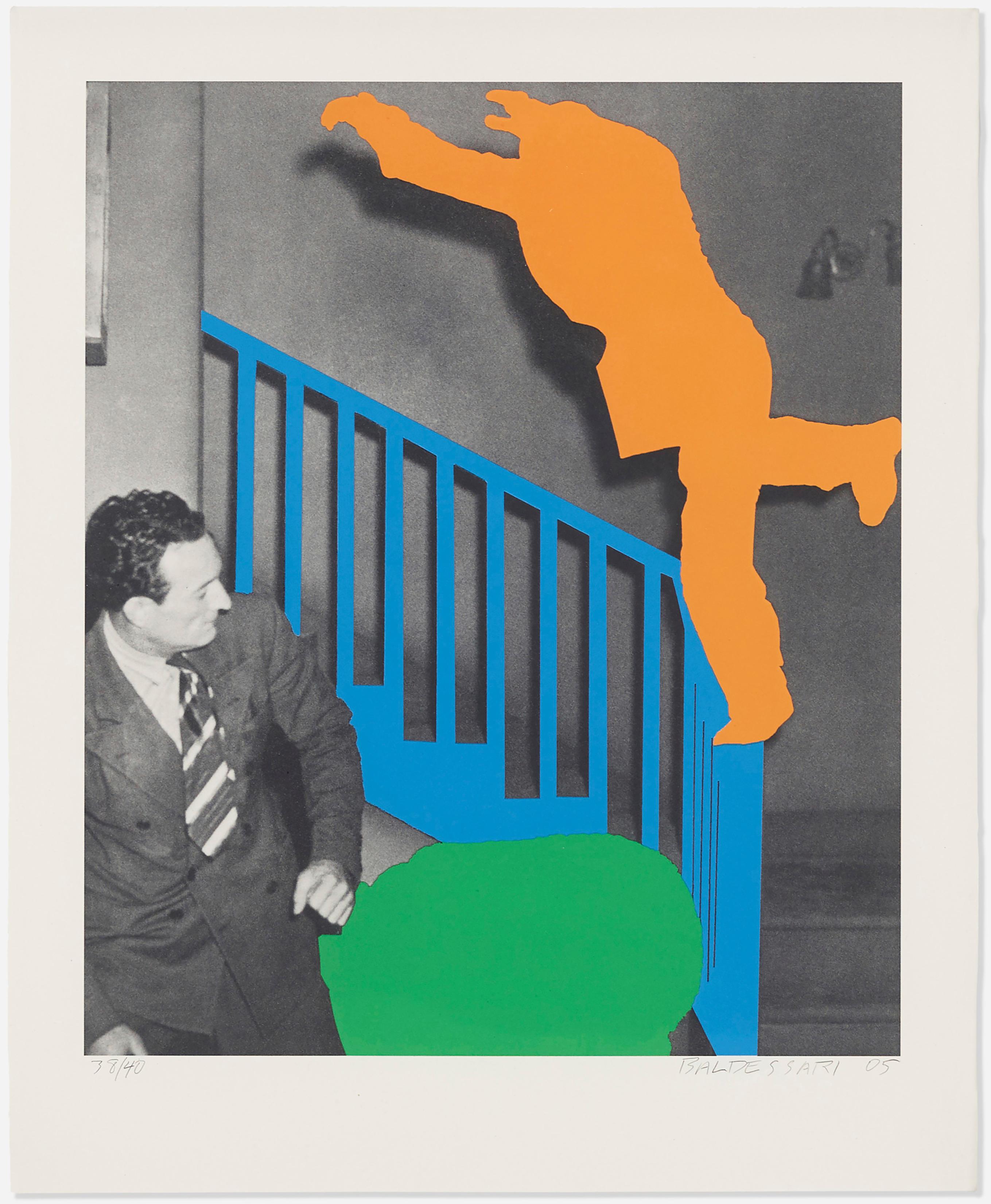 Two Figures: One Leaping (Orange); One Reacting (with Blue and Green)