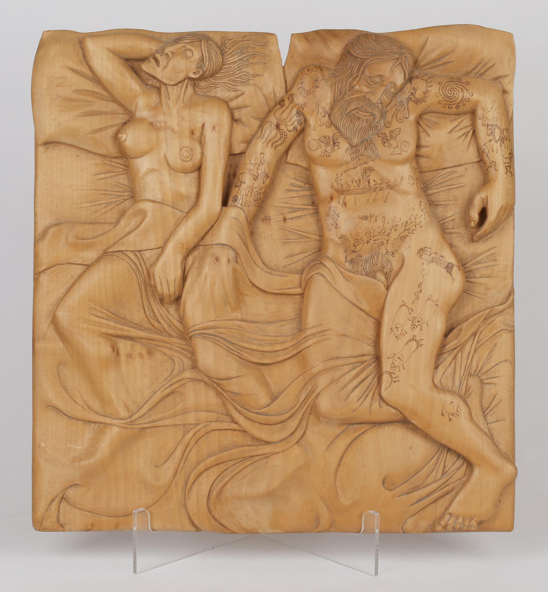 John Baldwin Nude Couple in Bed Unique Hand Carved Sculptural Wooden Plaque For Sale 2