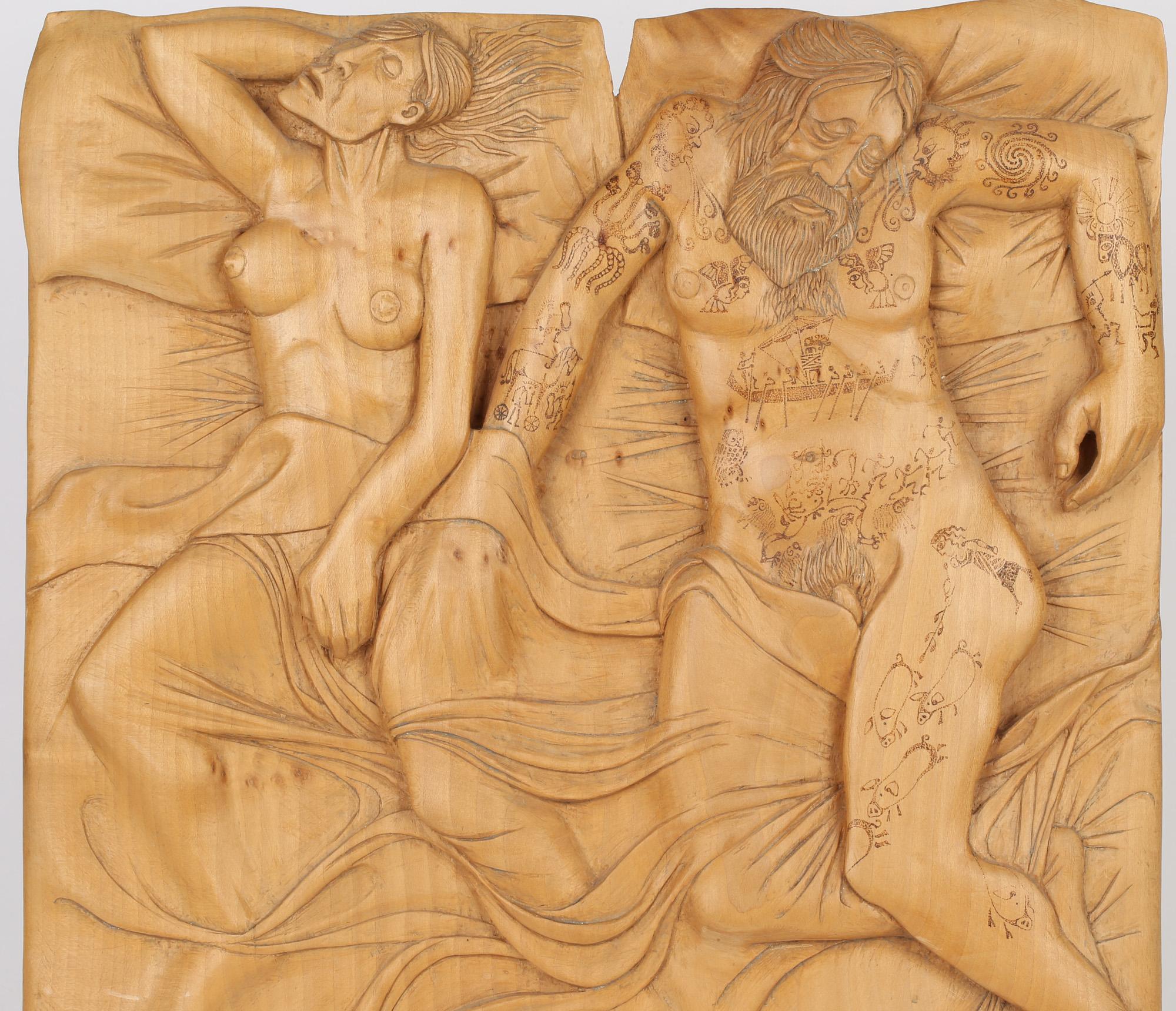 John Baldwin Nude Couple in Bed Unique Hand Carved Sculptural Wooden Plaque For Sale 3