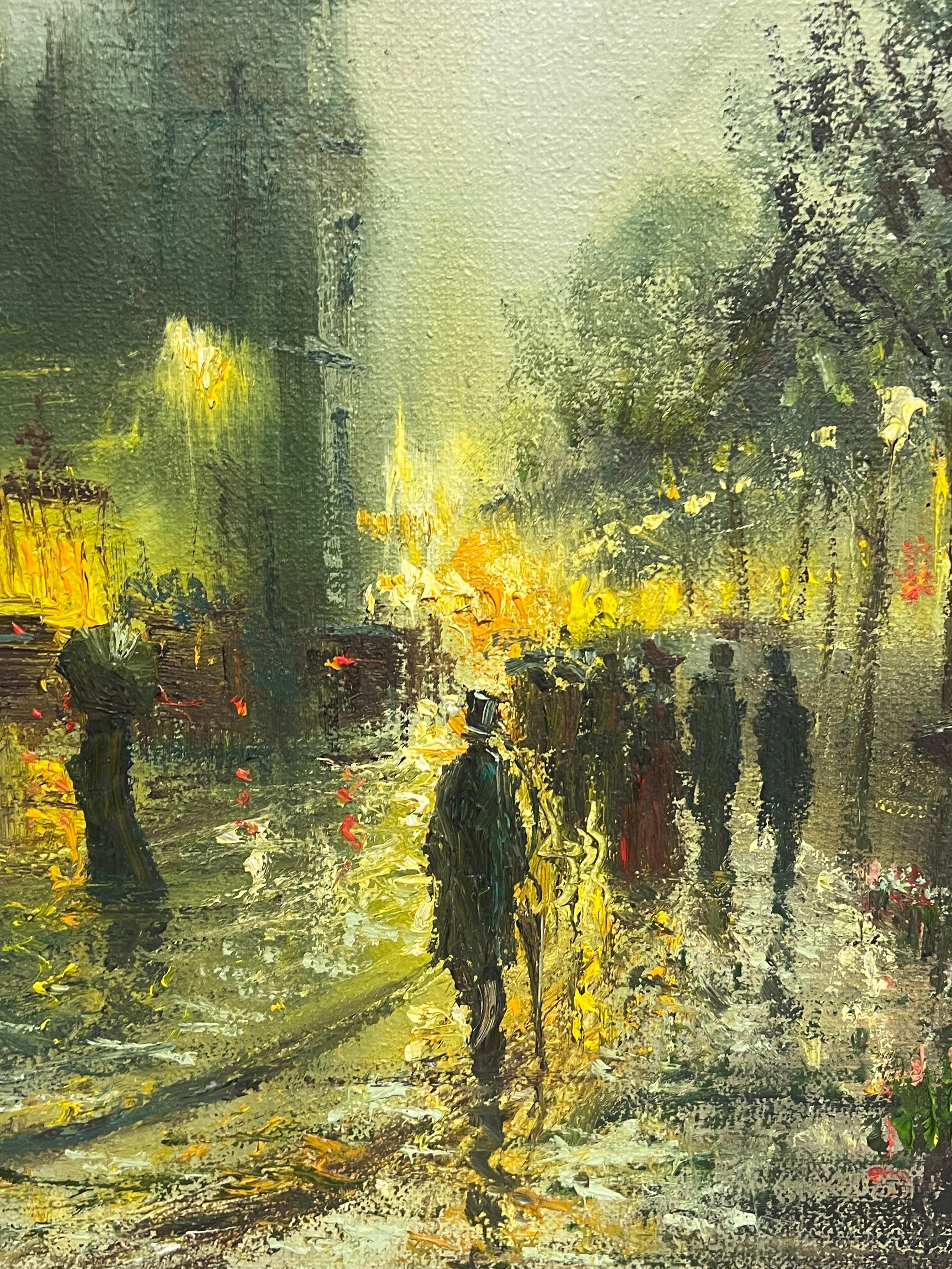 Fine Large British Impressionist Signed Oil Painting Twilight City Street Scene im Angebot 8