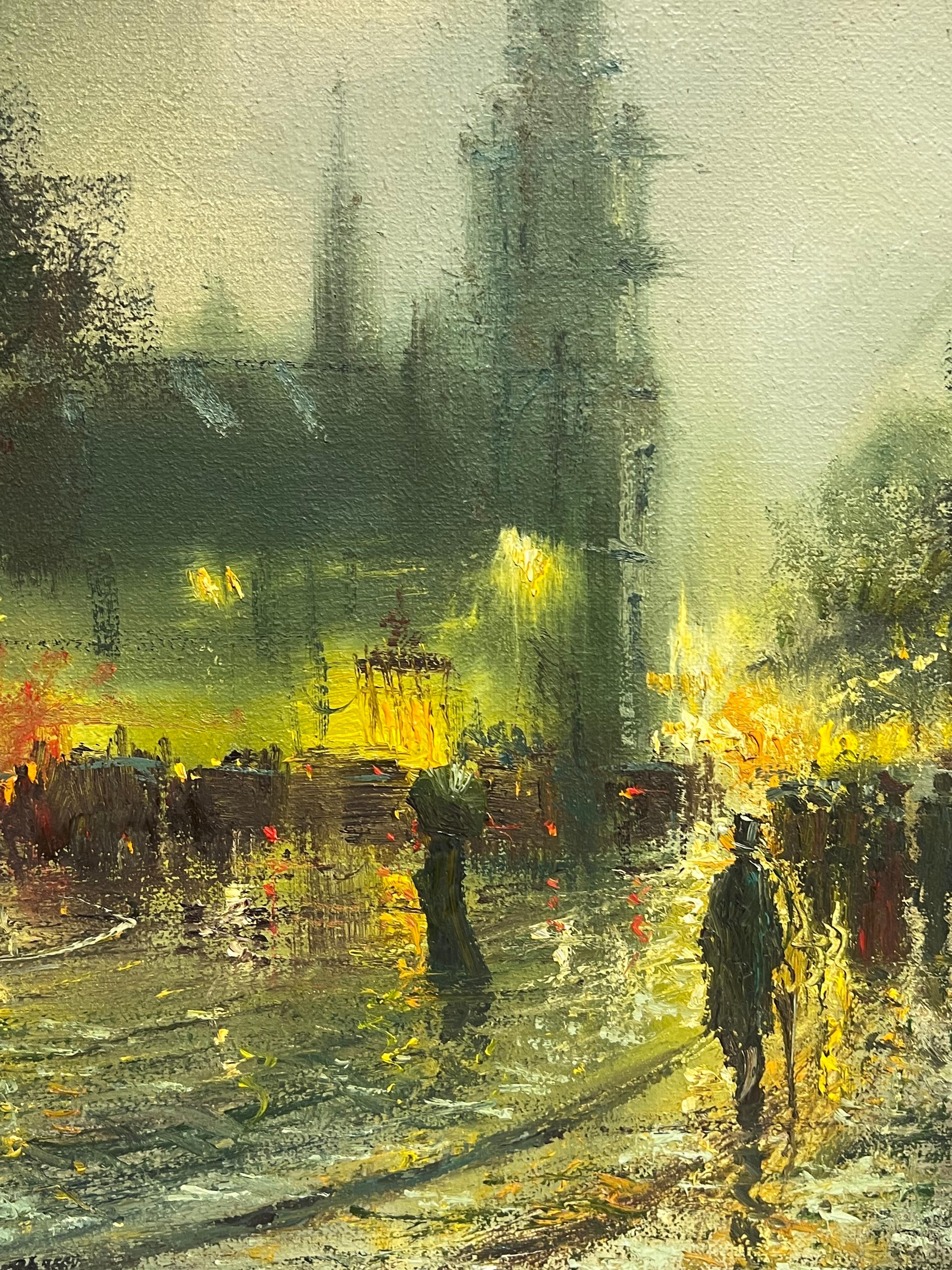 Fine Large British Impressionist Signed Oil Painting Twilight City Street Scene im Angebot 11