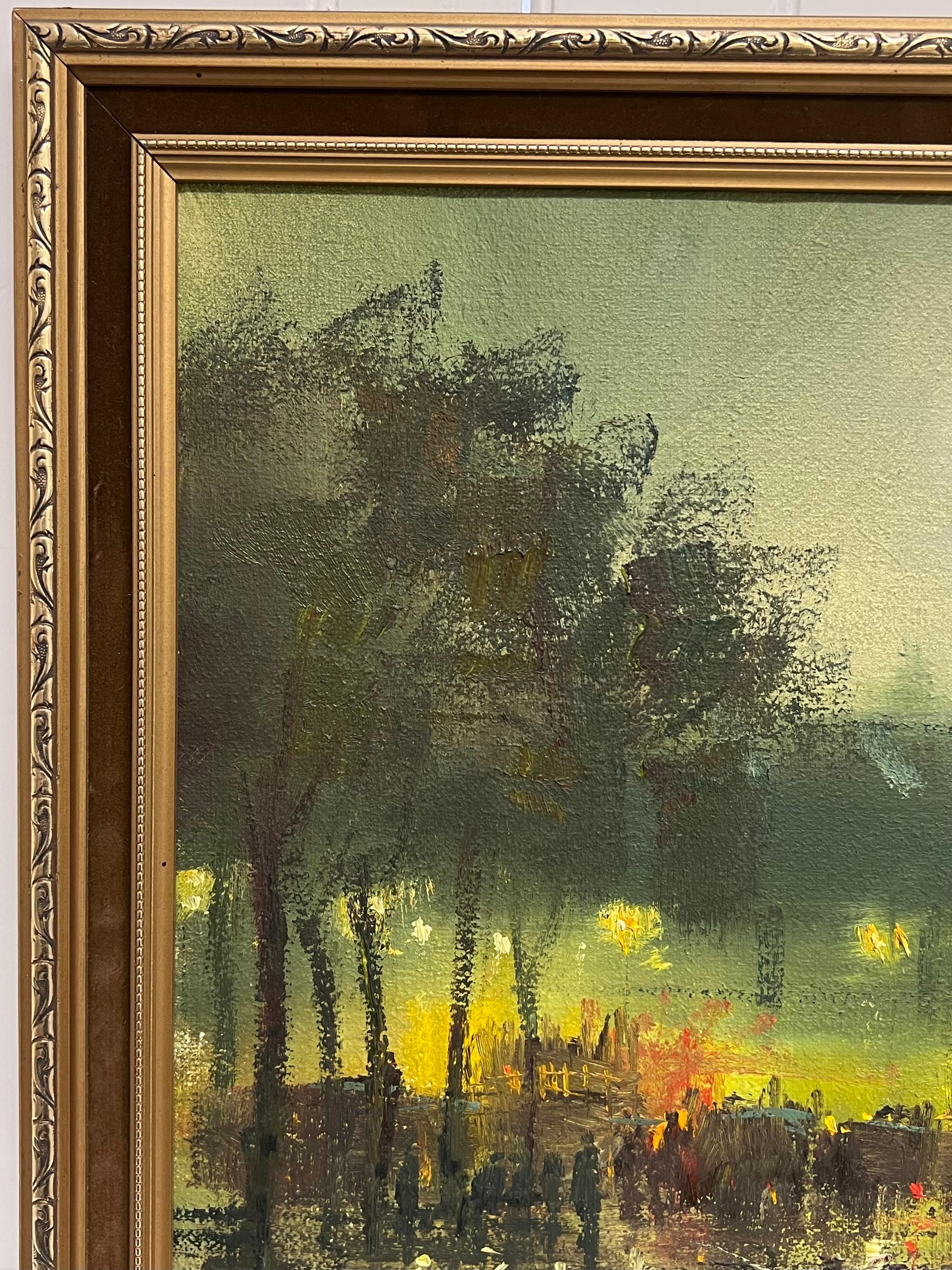 Fine Large British Impressionist Signed Oil Painting Twilight City Street Scene im Angebot 12