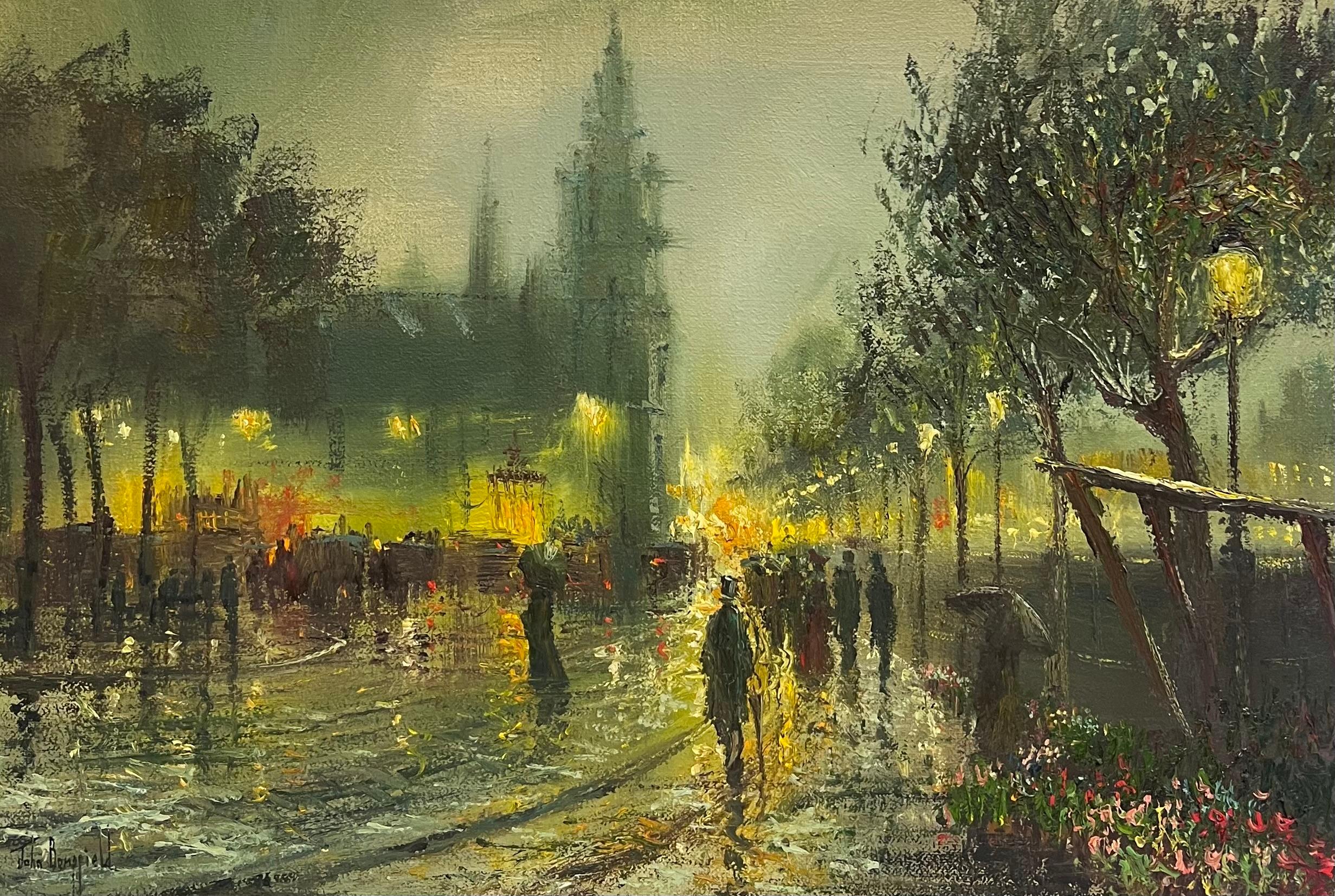 Fine Large British Impressionist Signed Oil Painting Twilight City Street Scene (Braun), Figurative Painting, von John Bampfield
