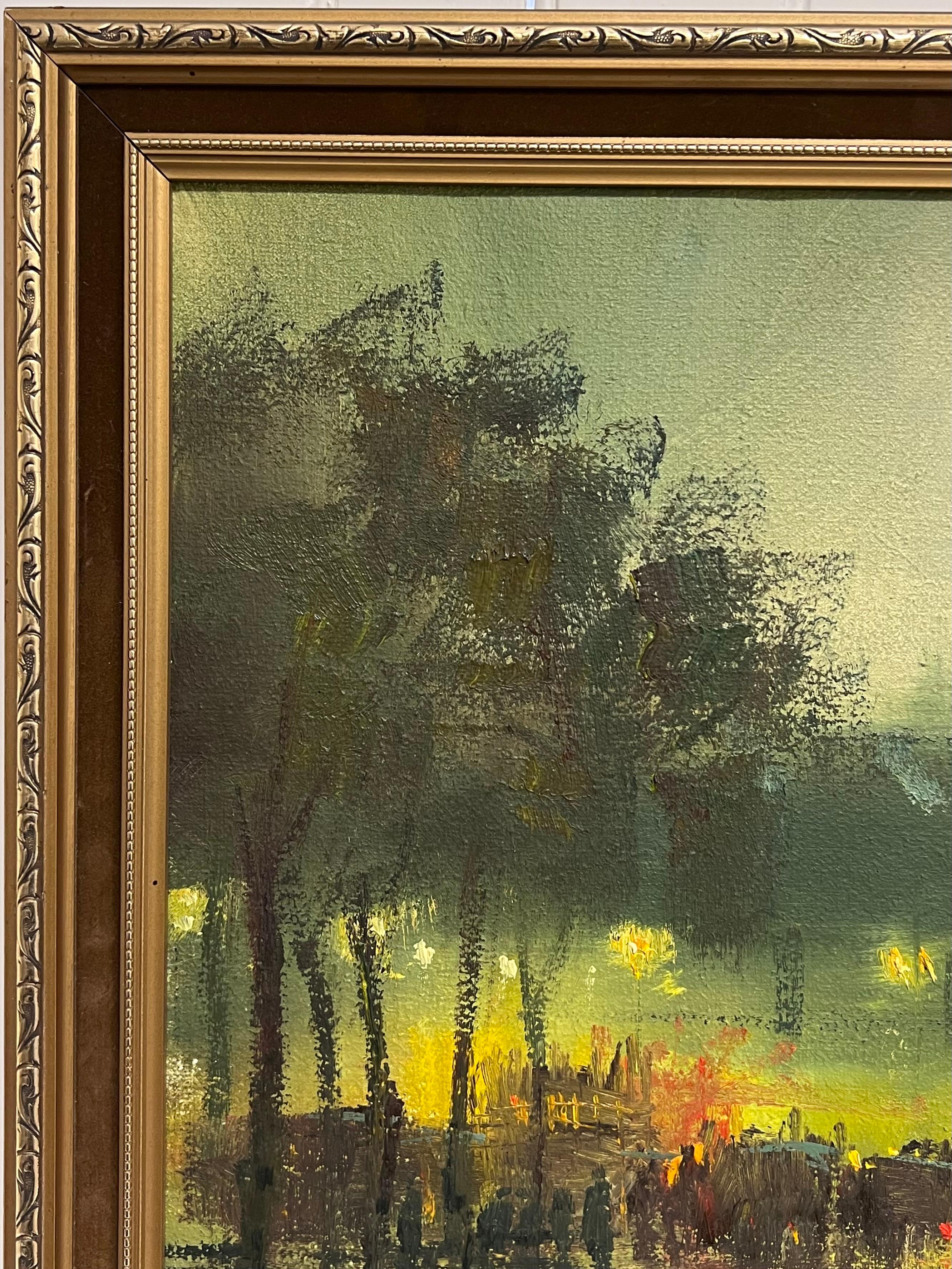 Fine Large British Impressionist Signed Oil Painting Twilight City Street Scene im Angebot 1