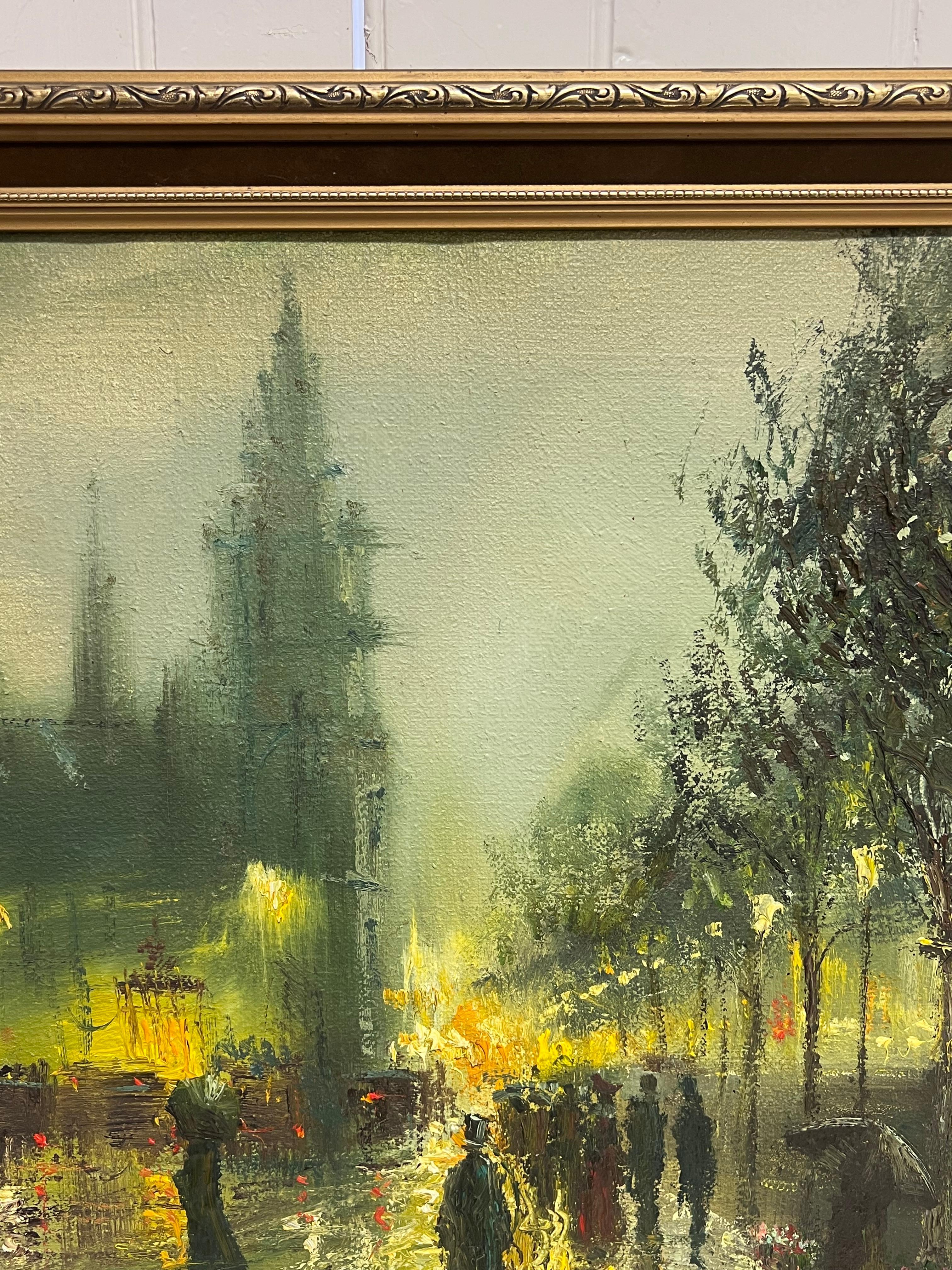Fine Large British Impressionist Signed Oil Painting Twilight City Street Scene im Angebot 2