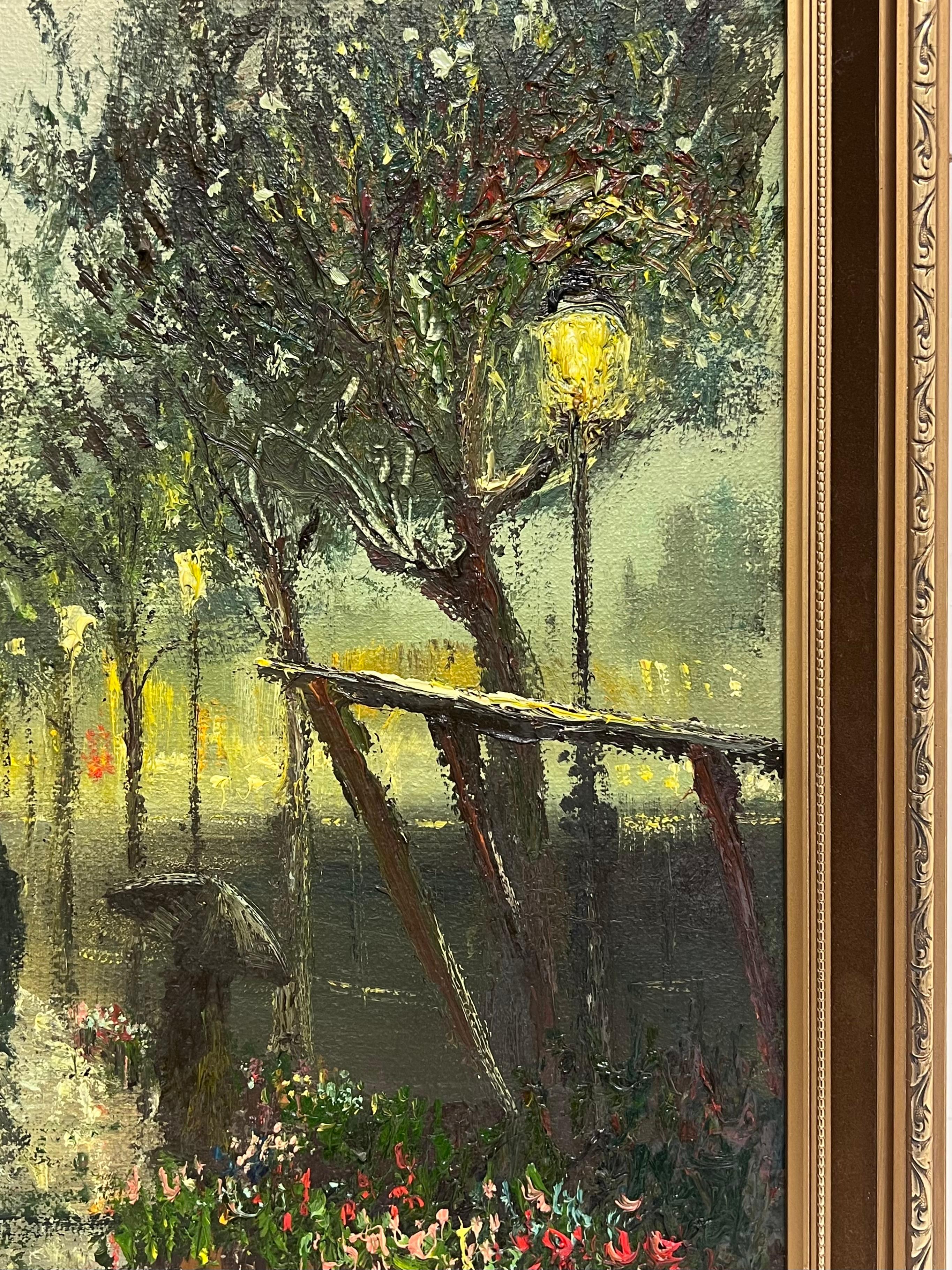 Fine Large British Impressionist Signed Oil Painting Twilight City Street Scene im Angebot 3