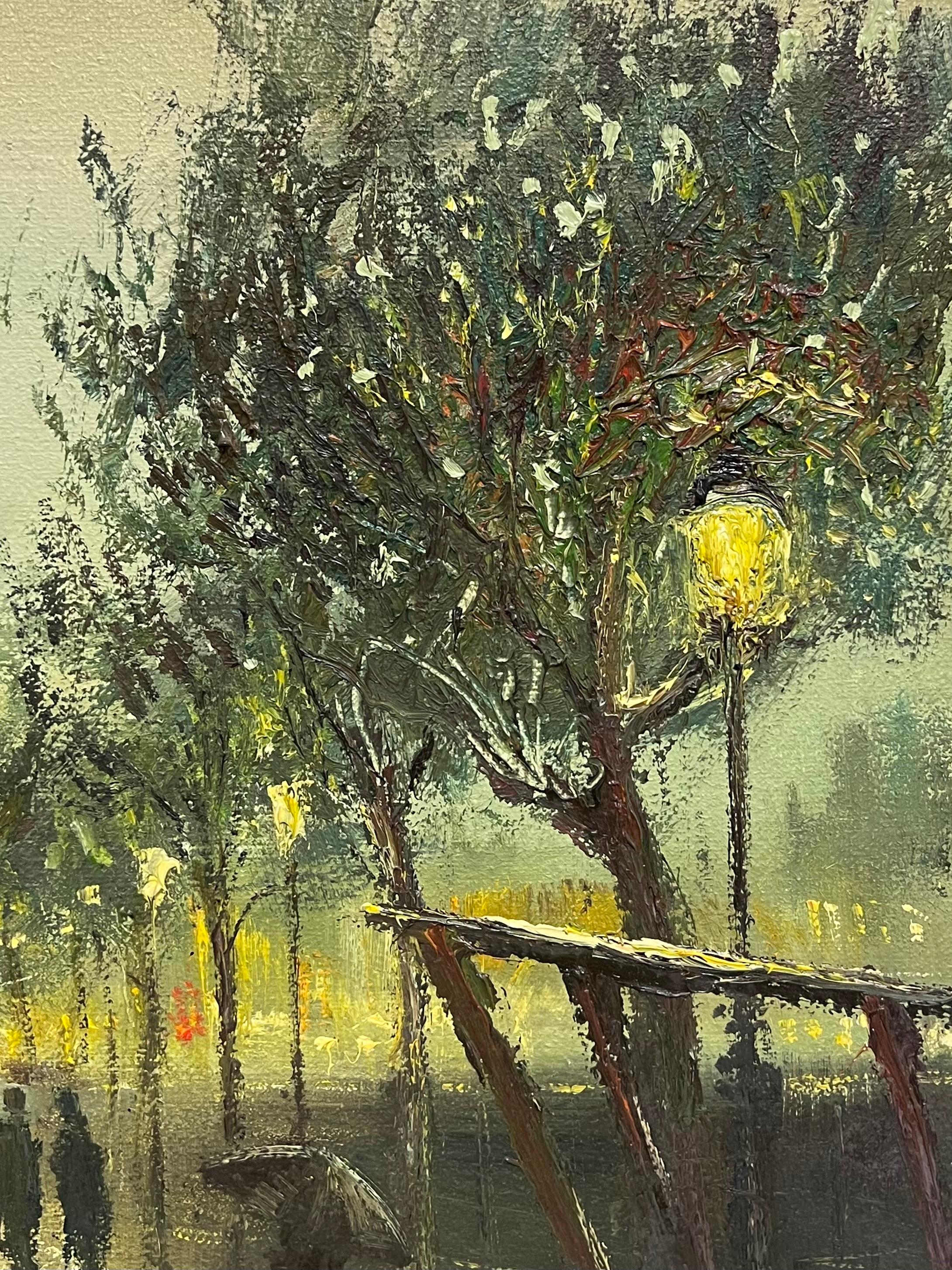 Fine Large British Impressionist Signed Oil Painting Twilight City Street Scene im Angebot 4