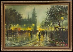 Fine Large British Impressionist Signed Oil Painting Twilight City Street Scene