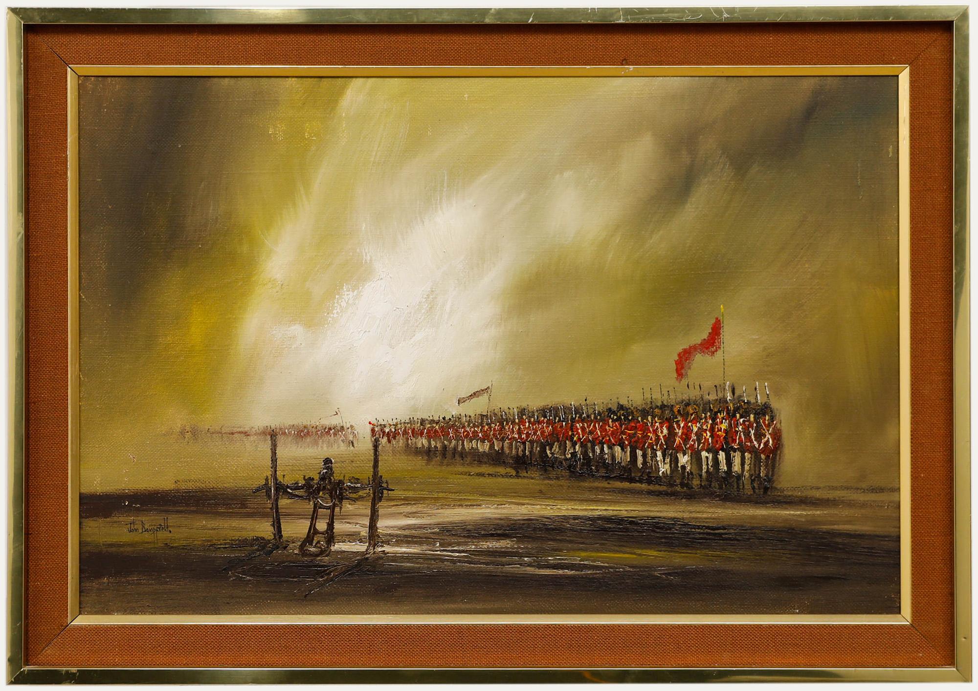 Questo potente dipinto di John Bampfield (nato nel 1947) raffigura una drammatica scena militare con una lunga fila di soldati che si estende in lontananza sotto un cielo turbolento. L'artista ha firmato la composizione in basso a sinistra e il