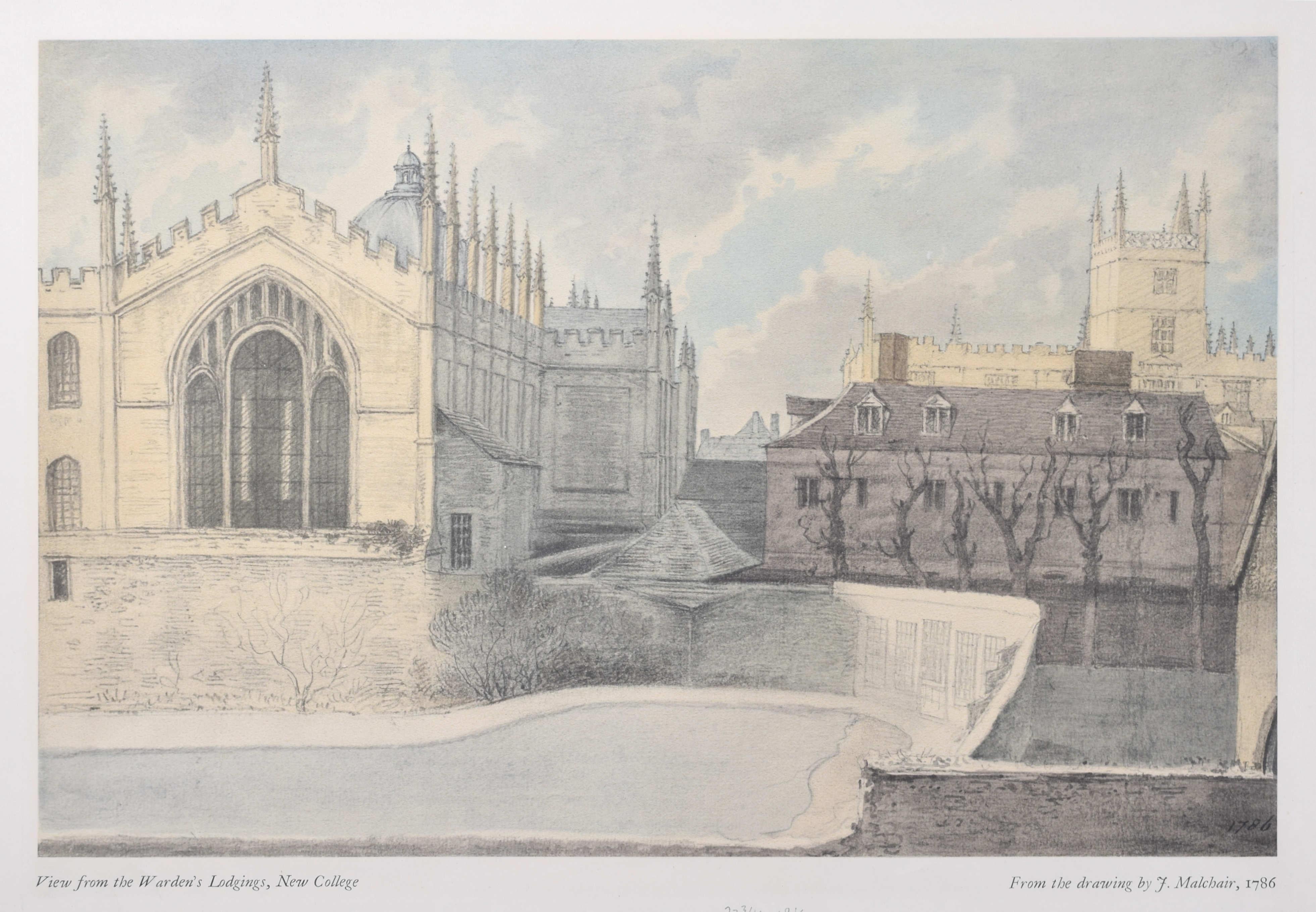 Landscape Print John Baptist Malchair - Lithographie du New College, Vue de la Master''s Lodgings par John Malchair