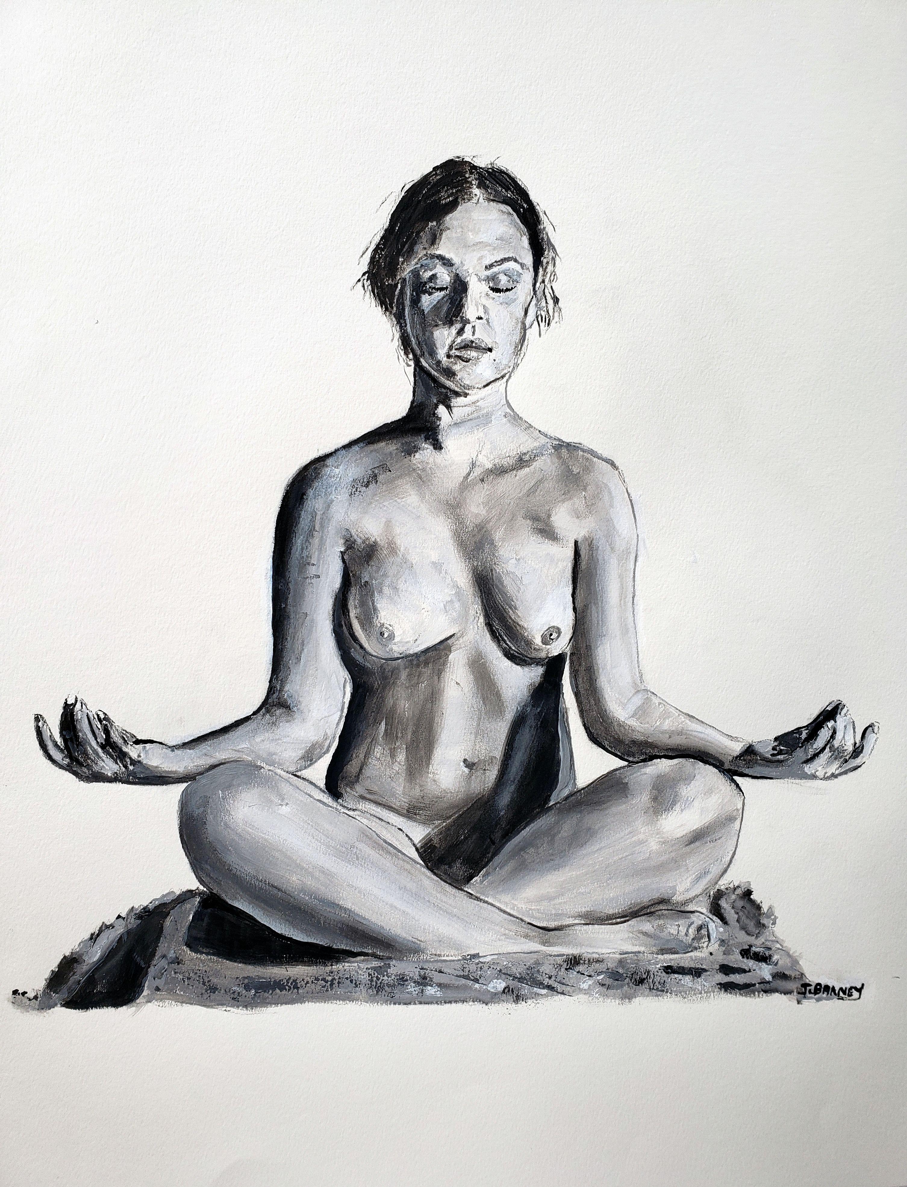 Woman quietly meditating (is there any other way).The subject matter was inspired by a need for simple peace in this crazy world.  This is part of a new series on paper. Interior decorators will love this as it looks amazing in contemporary rooms.