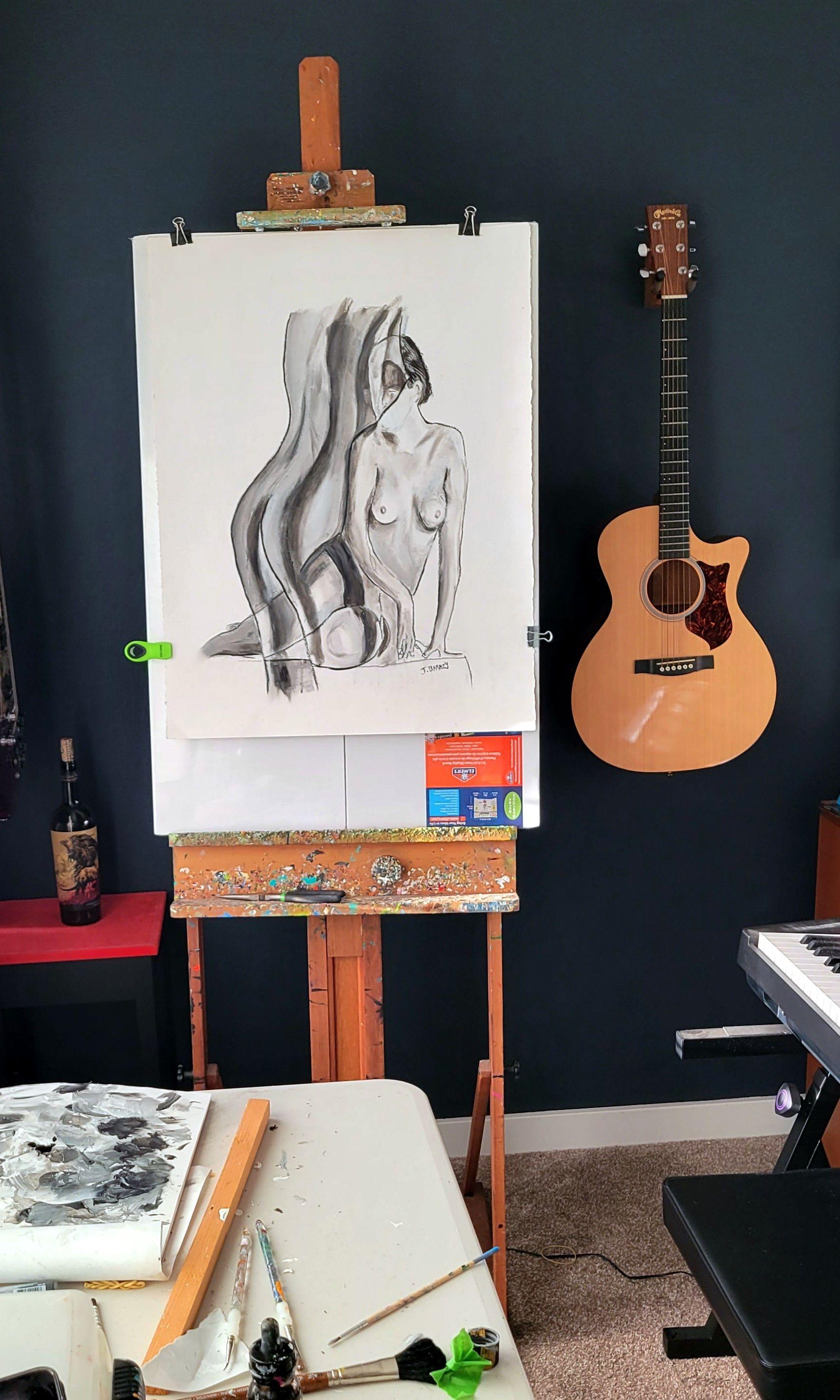 Deux Nus, Peinture, Acrylique sur Papier - Abstrait Painting par John Barney