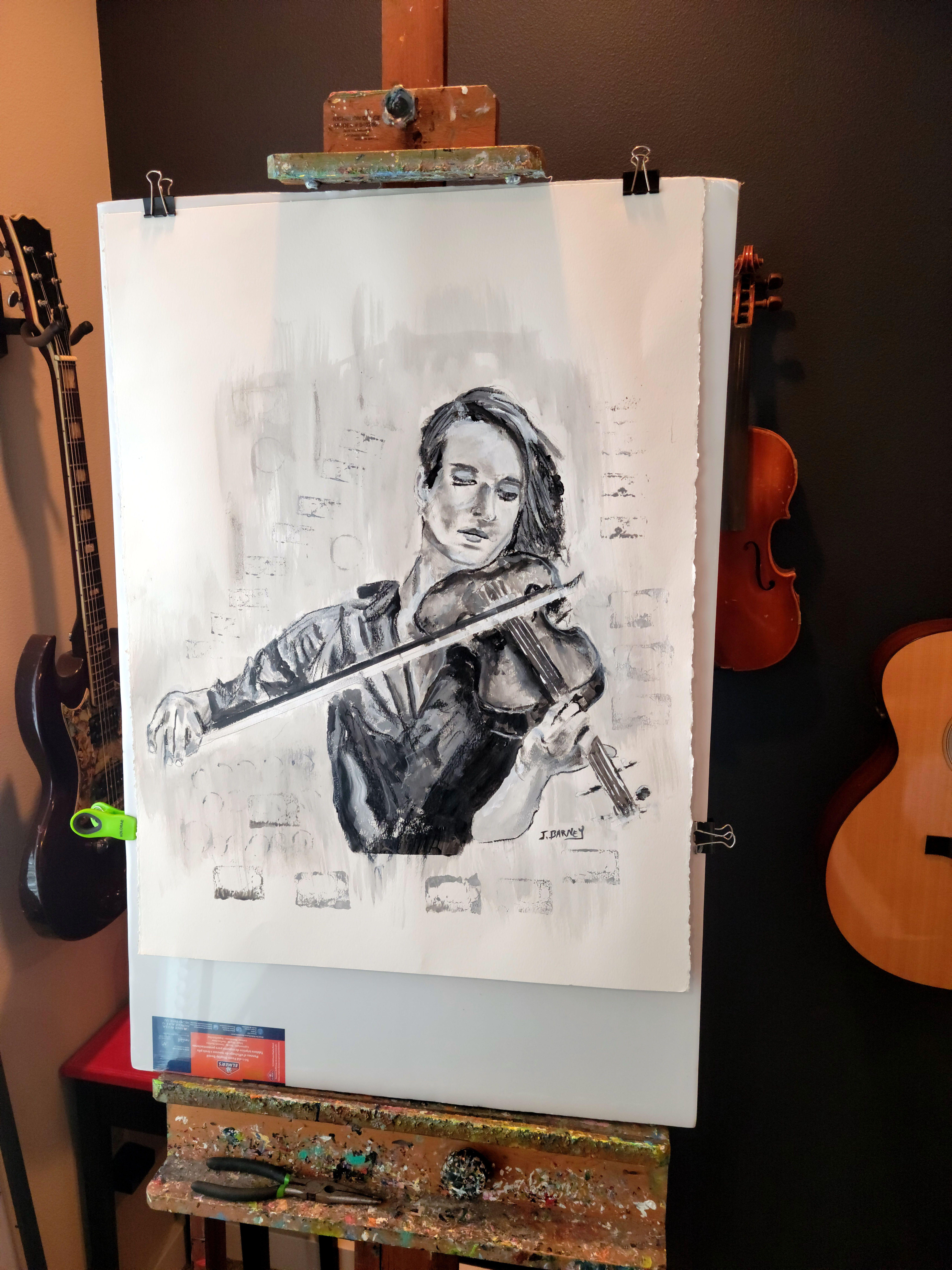 Violinist lost in the passion of the moment. I'm also a musician - and one of my favorite themes is is portraying the that time when time and space disappear and all you have is the music. This was painted with acrylic paint with a little added