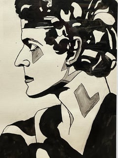 John Barrymore in Hamlet, Ink and Watercolor Drawing Portrait