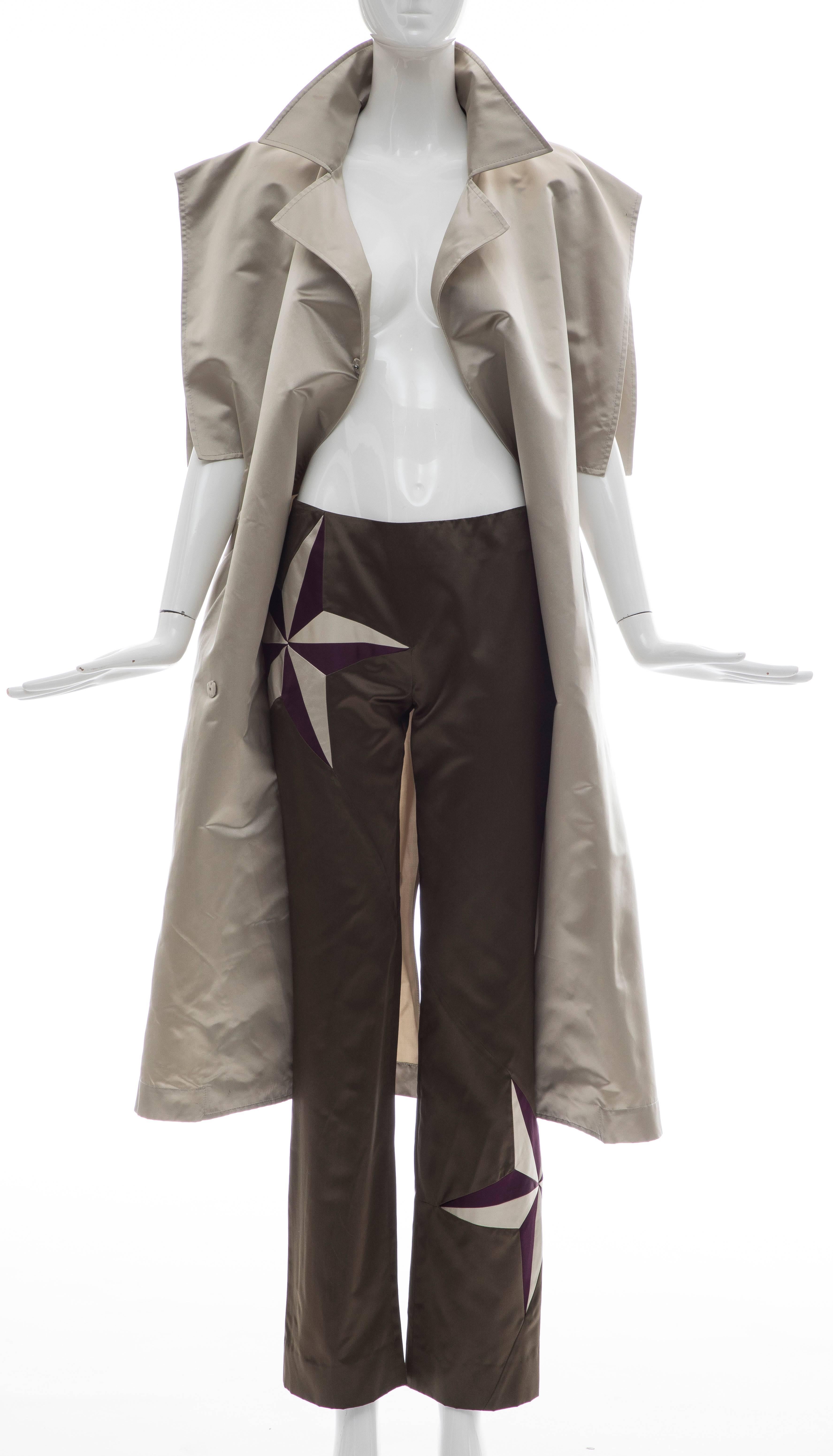 John Bartlett two piece silk charmeuse pewter, belted jacket and olive green pant ensemble with two amethyst and pewter detail on pant. Pants have a side zip and are fully lined in silk, and two front slit pockets on jacket with snap front and back