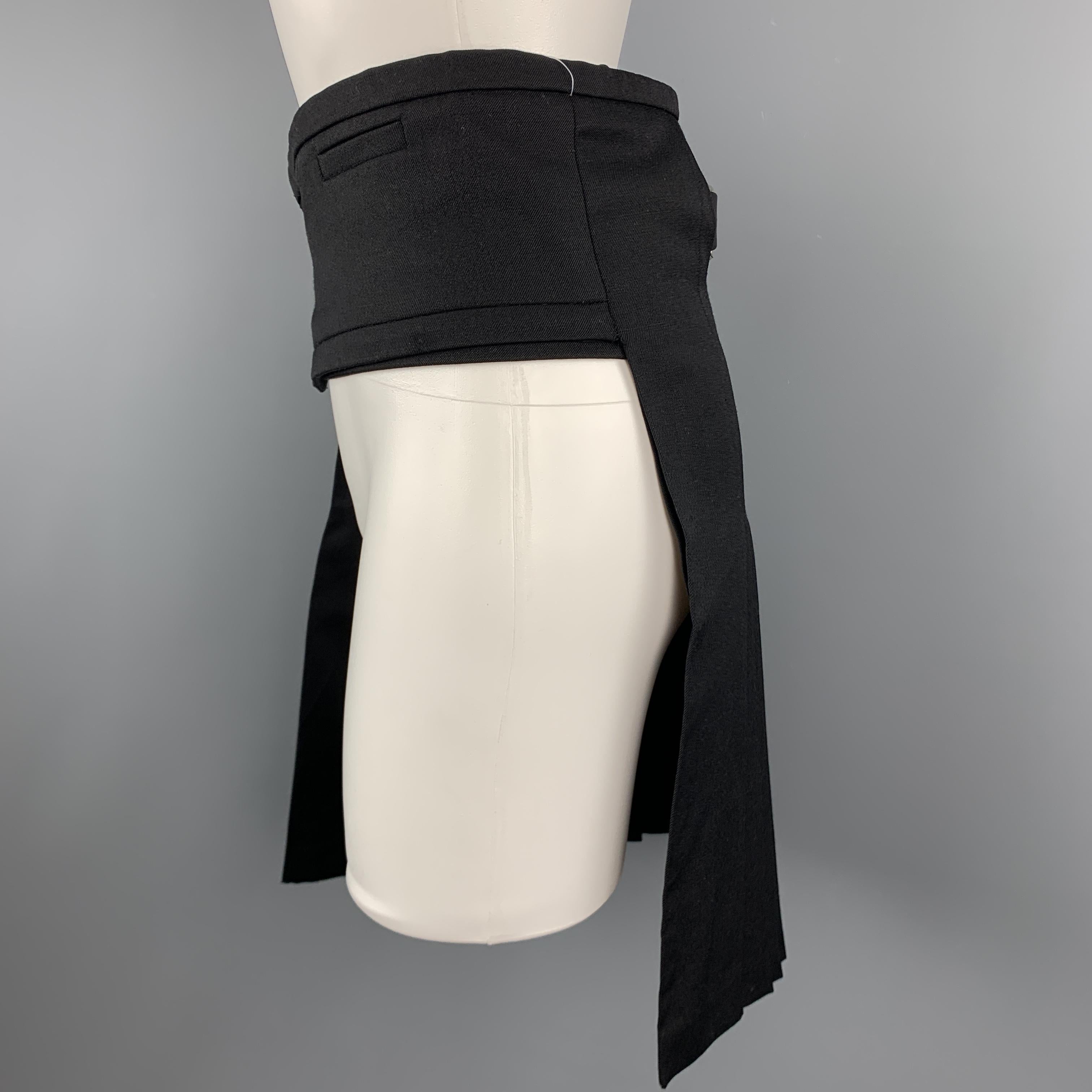 JOHN BARTLETT skirt comes in black wool twill with a wrap waistband, belt closures, and cutout panel. Made in Italy.

Excellent Pre-Owned Condition.
Marked: IT 46

Measurements:

Waist: 29 in.
Hip: 34 in.
Length: 21 in.