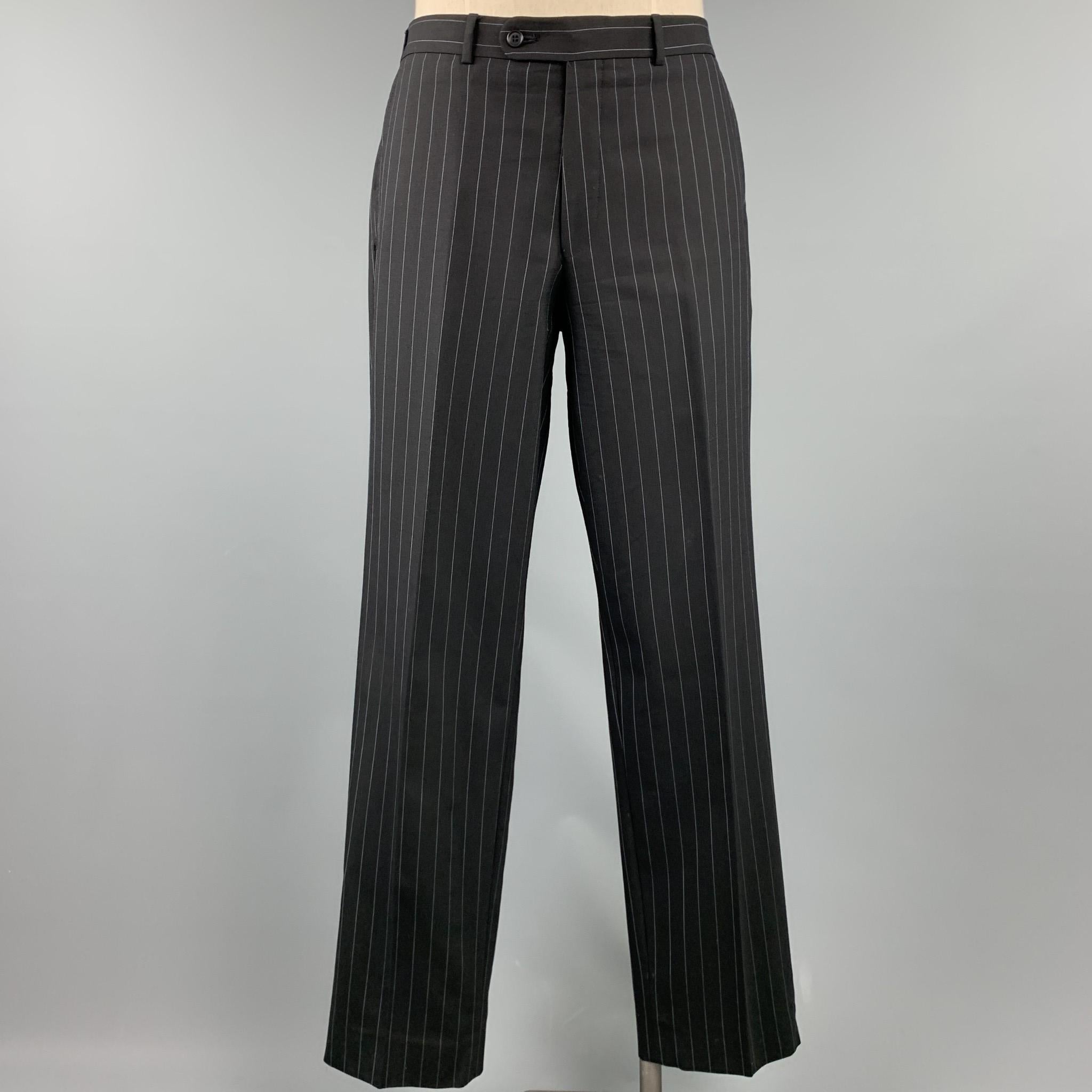 JOHN BARTLETT Size 40 Regular Black Chalkstripe Wool Notch Lapel Suit 1