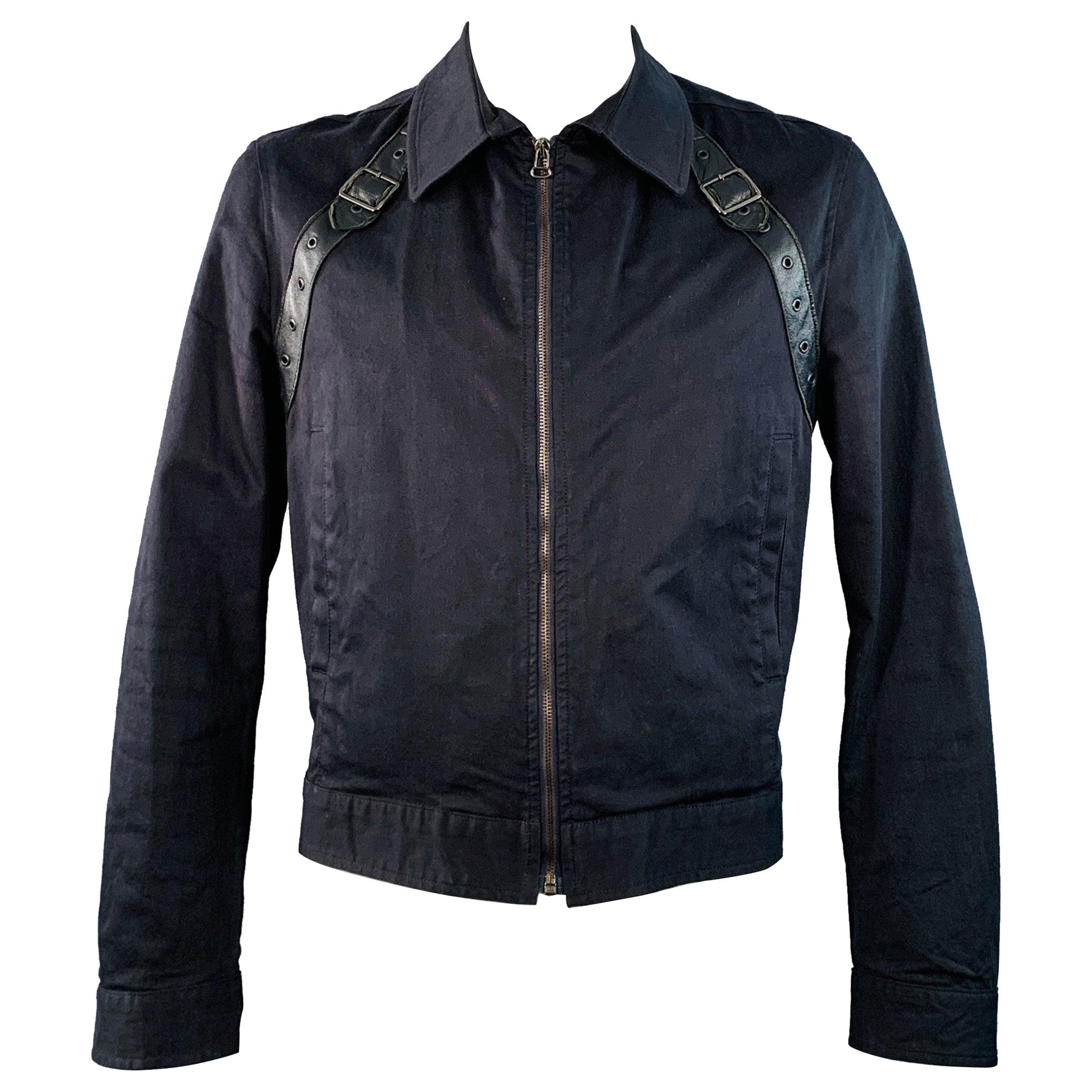 JOHN BARTLETT Size 44 Black Cotton Blend Twill Harness Zip Up Jacket en vente