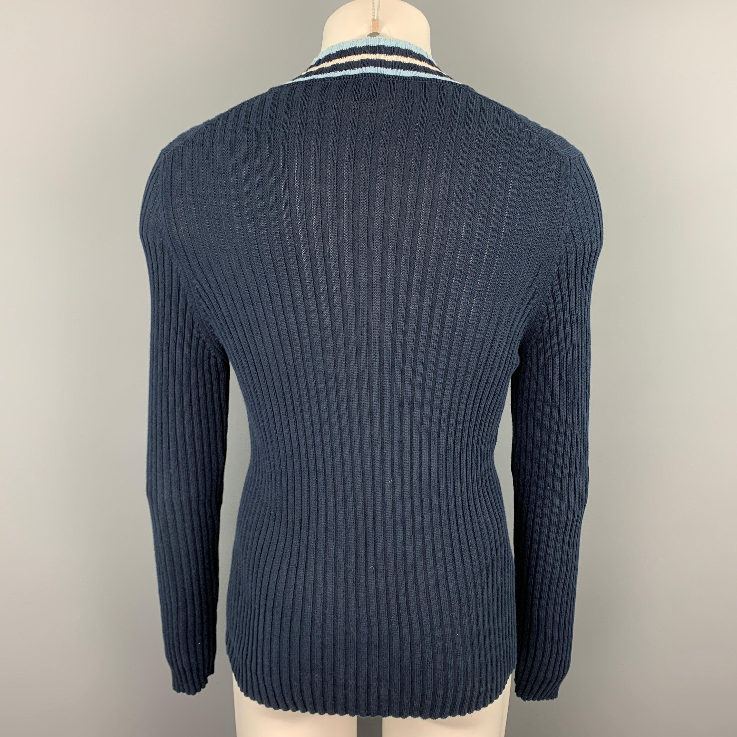 JOHN BARTLETT Size XL Navy Knitted Cotton V-Neck Pullover In Good Condition For Sale In San Francisco, CA