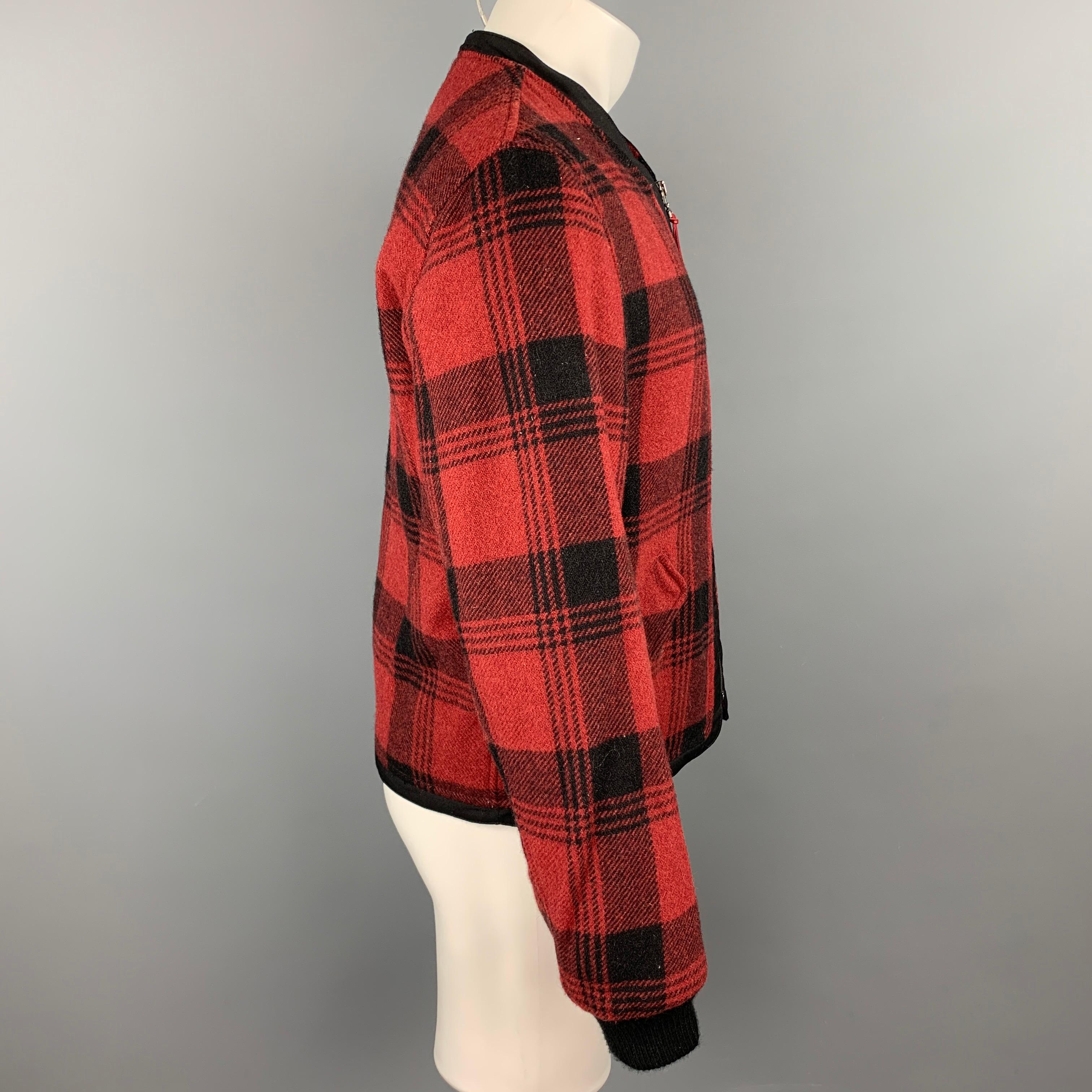 Brown JOHN BARTLETT Uniform Size 40 Red & Black Plaid Wool Blend Zip Up Jacket