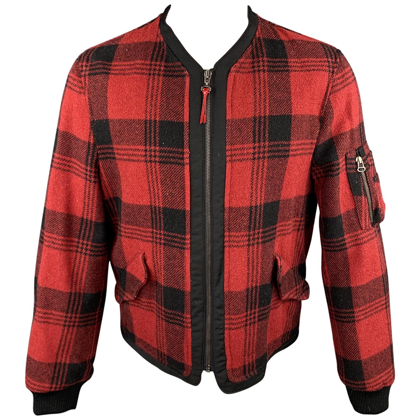 JOHN BARTLETT Uniform Size 40 Red & Black Plaid Wool Blend Zip Up Jacket