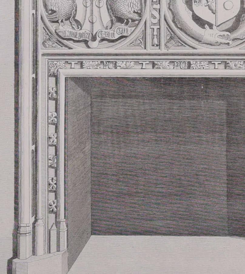 Chimney Piece in the Bishop Palace at Exeter (1797), engraving by James Basire - Gray Landscape Print by John Basire