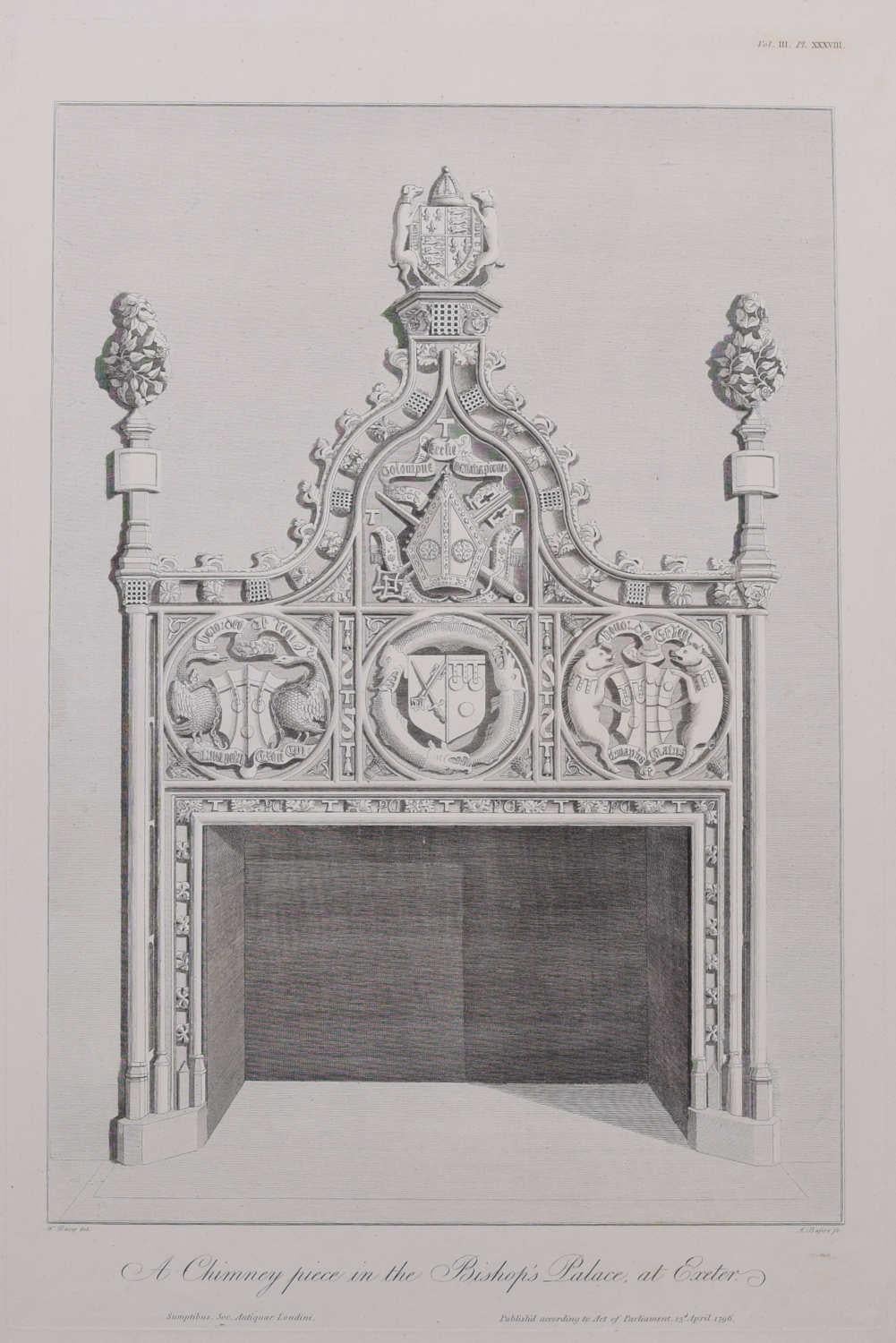 John Basire Landscape Print - Chimney Piece in the Bishop Palace at Exeter (1797), engraving by James Basire