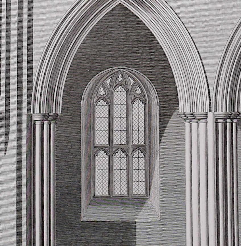 Architectural Details of St Albans Cathedral (1810), engraving by James Basire - Gray Landscape Print by John Basire