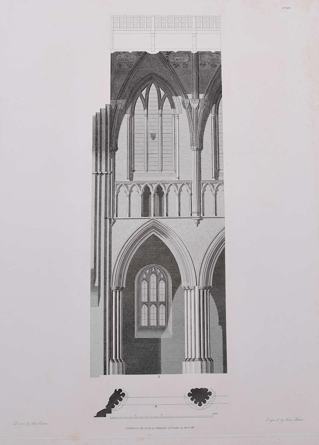 John Basire Landscape Print - Architectural Details of St Albans Cathedral (1810), engraving by James Basire