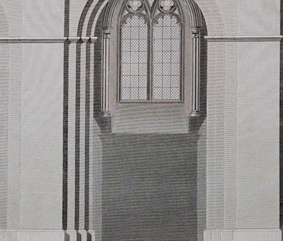 Architectural Fragment of St Albans Cathedral (1810), engraving by James Basire - Gray Landscape Print by John Basire