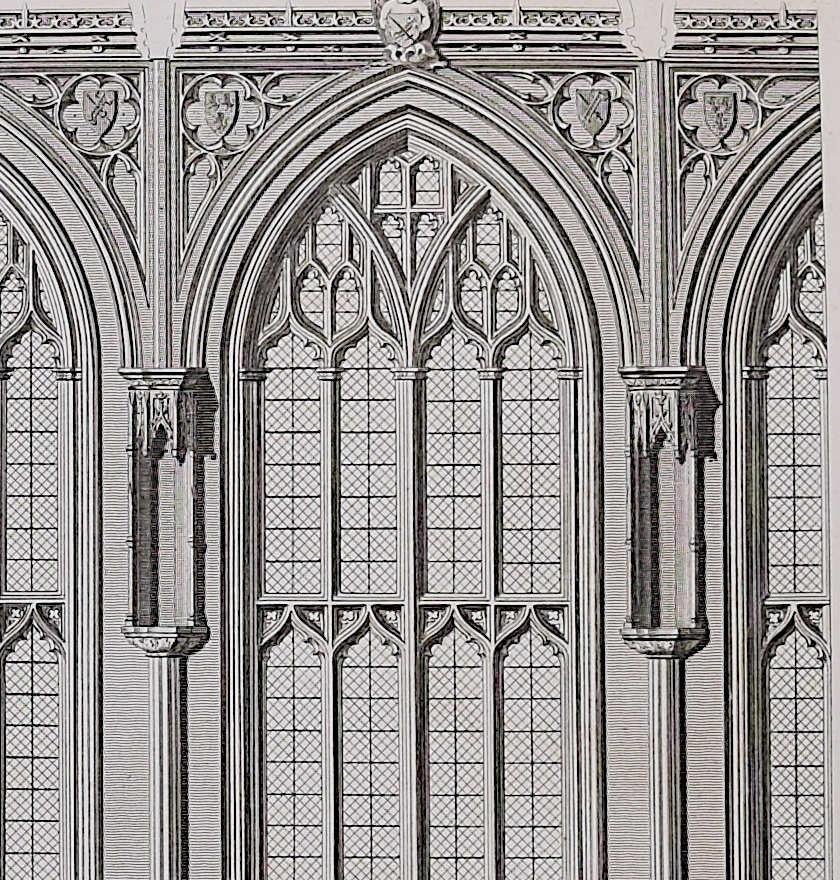 Architecture Fragments of St Albans Cathedral (1810), engraving by James Basire - Realist Print by John Basire