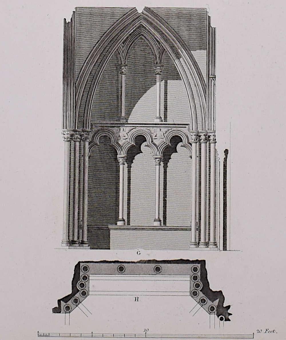 Design Fragments of St Albans Cathedral (1810), engraving by James Basire - Gray Landscape Print by John Basire
