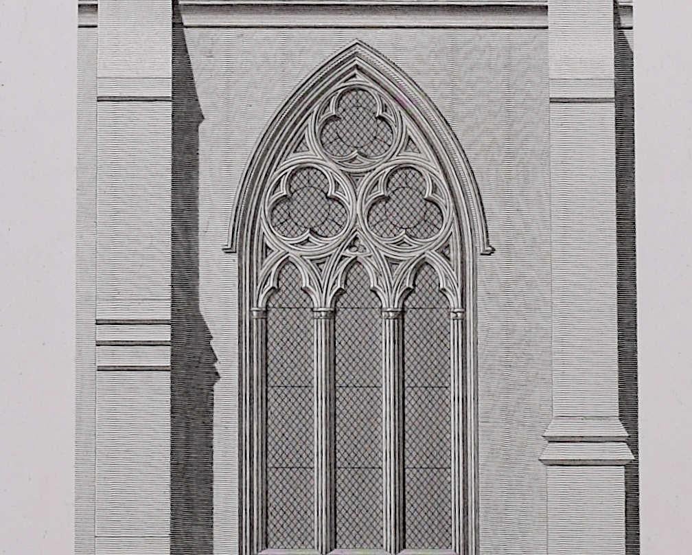 Design fragments of St Albans Cathedral (1810), engraving by James Basire - Gray Landscape Print by John Basire